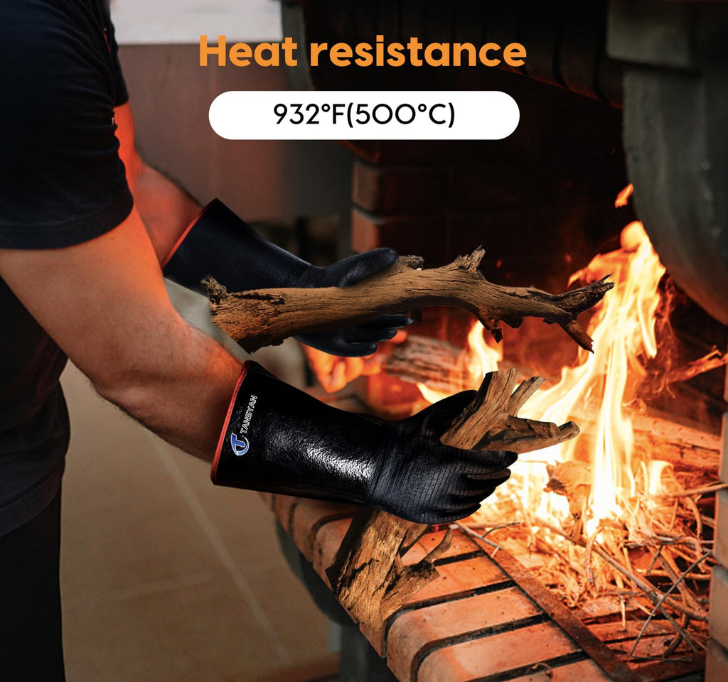 TANSYAN BBQ Gloves, 932°F Extreme Heat Resistant Gloves for Grill BBQ, Waterproof Long Sleeve Pit Grill Gloves for Fryer, Baking, Oven,Smoker,Fireproof, Oil Resistant Neoprene Coating（14-Inch ）