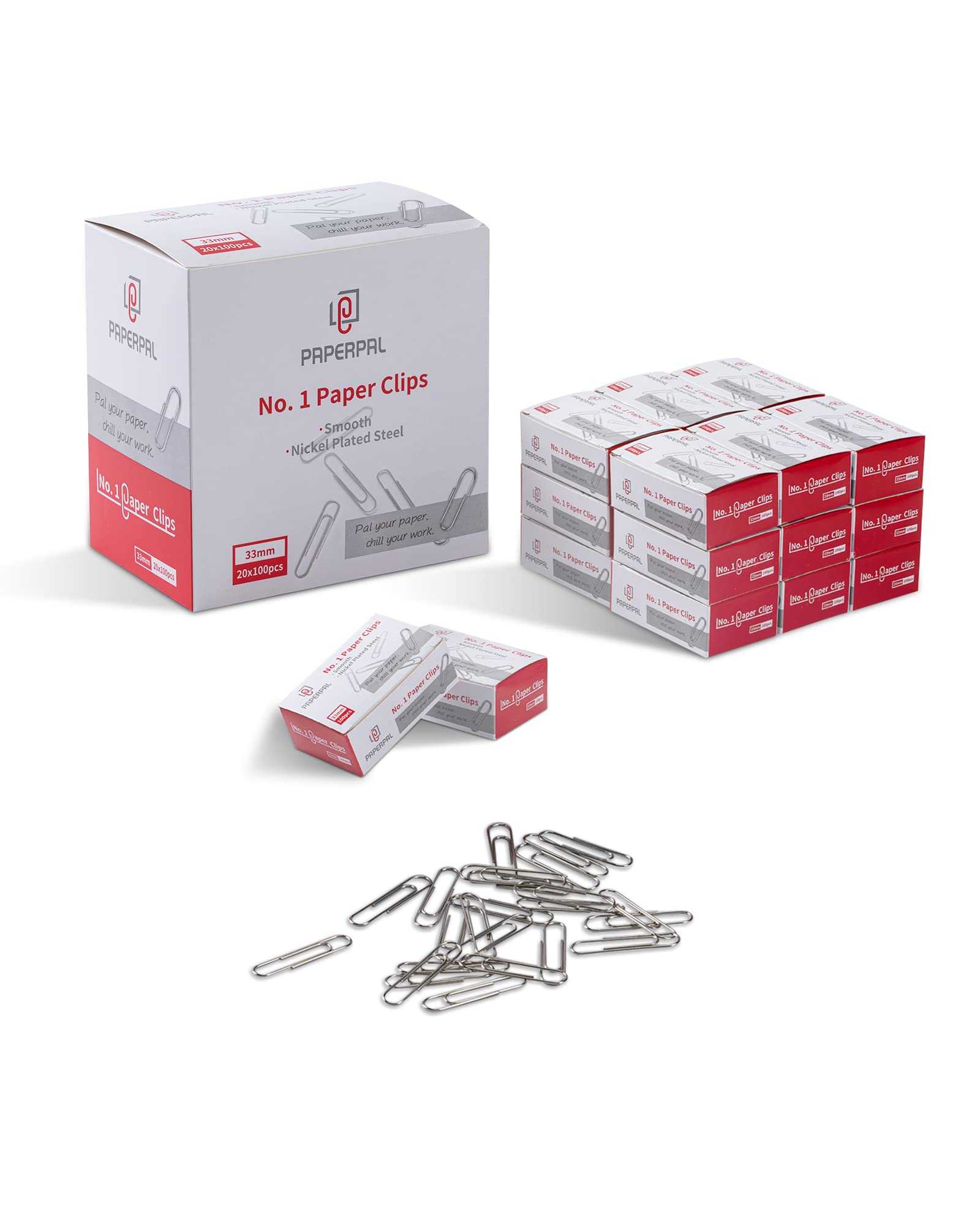 PAPERPAL #1 Smooth Paper Clips, 2000 Medium Paper Clips (20 Boxes of 100 Each), Bulk Paperclips for Office School & Personal Use, Daily DIY, 1-2/7” Silver Paper Clip Standard Size nh33-20