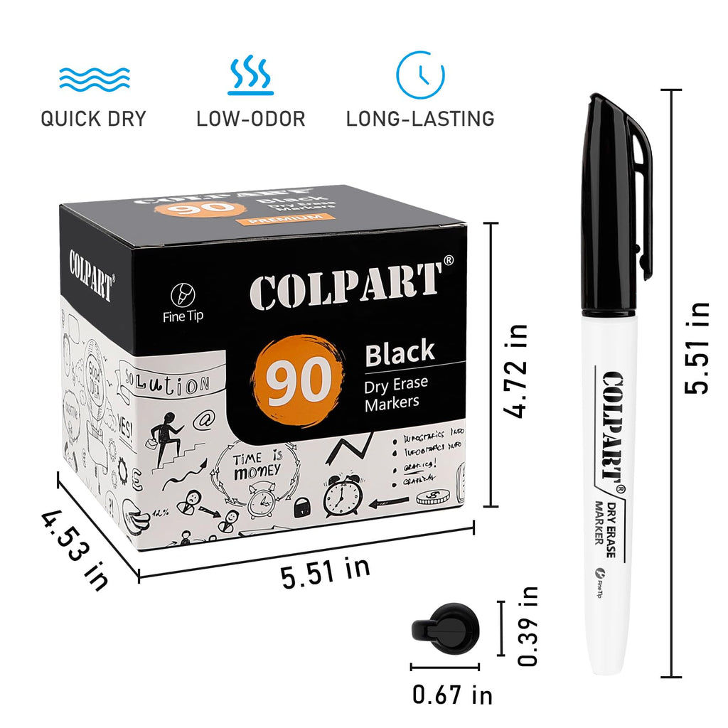 colpart Dry Erase Markers Fine Tip - Pack Of 90 Black Whiteboard Markers Bulk With Low Odor White Board Markers Dry Erase For School, Office, Home, Work On White Board & Calendar, Refrigerator