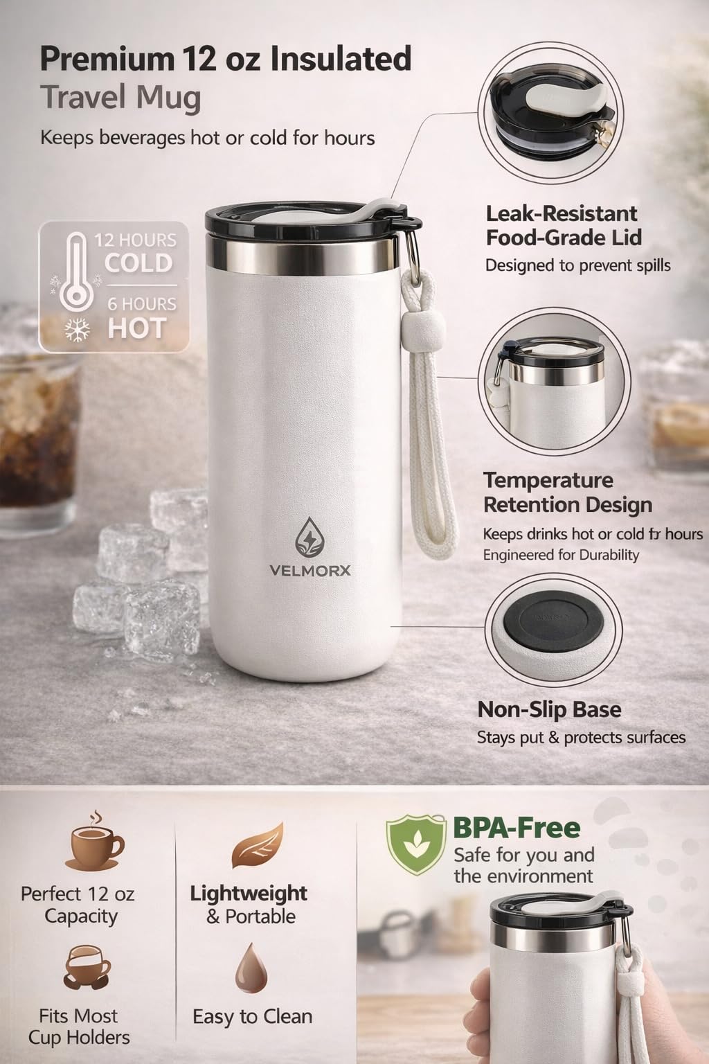 VELMORX Insulated Stainless Steel Travel Mug – 12 oz | Leak-Resistant Lid, Double-Wall Vacuum Coffee Cup – Keeps Drinks Hot/Cold – Reusable Portable Mug (White)
