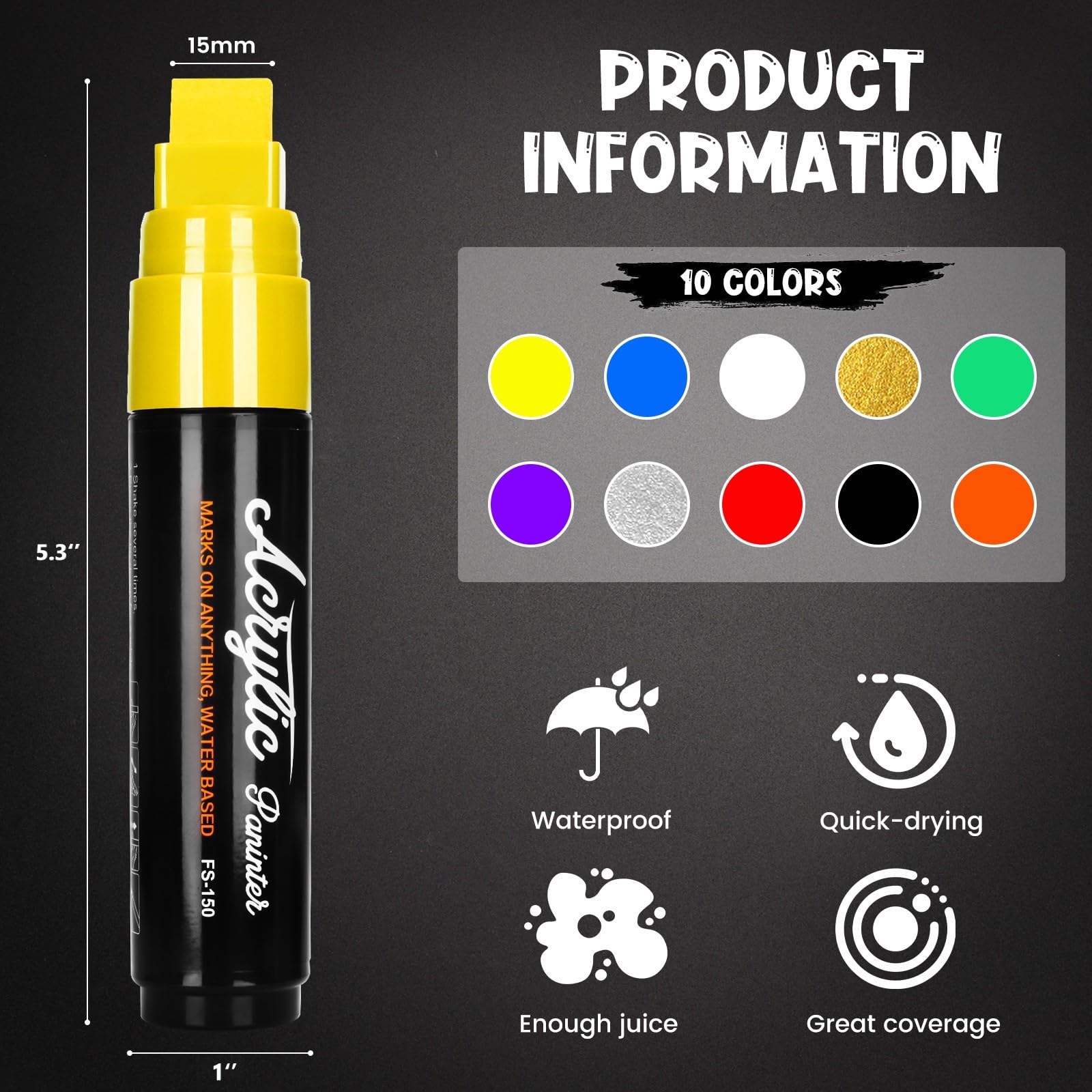 15mm Jumbo Arcylic Markers Paint Pen, 10 Colors Thick Wide Tip Water Based for Rock Painting, Poster, Glass, Wood, Sign, Canvas, Metal, Wall Painting for Artists and Adults