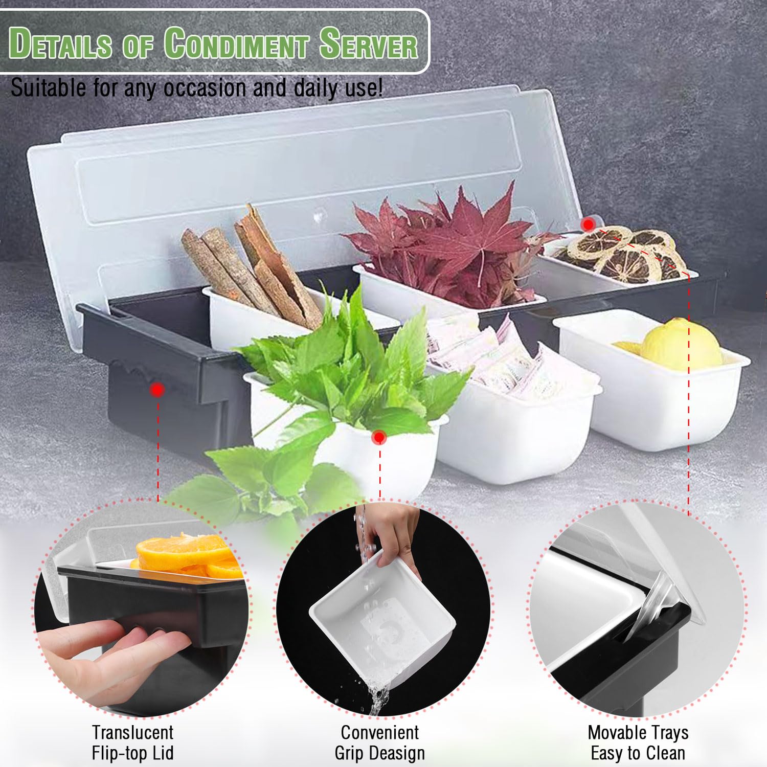 6 Compartment Ice Cooled Condiment Caddy,Sauce Serving Container with Removable Trays & Lid for Salad Bar, Veggie, Fruit, Snack, Party Supplies