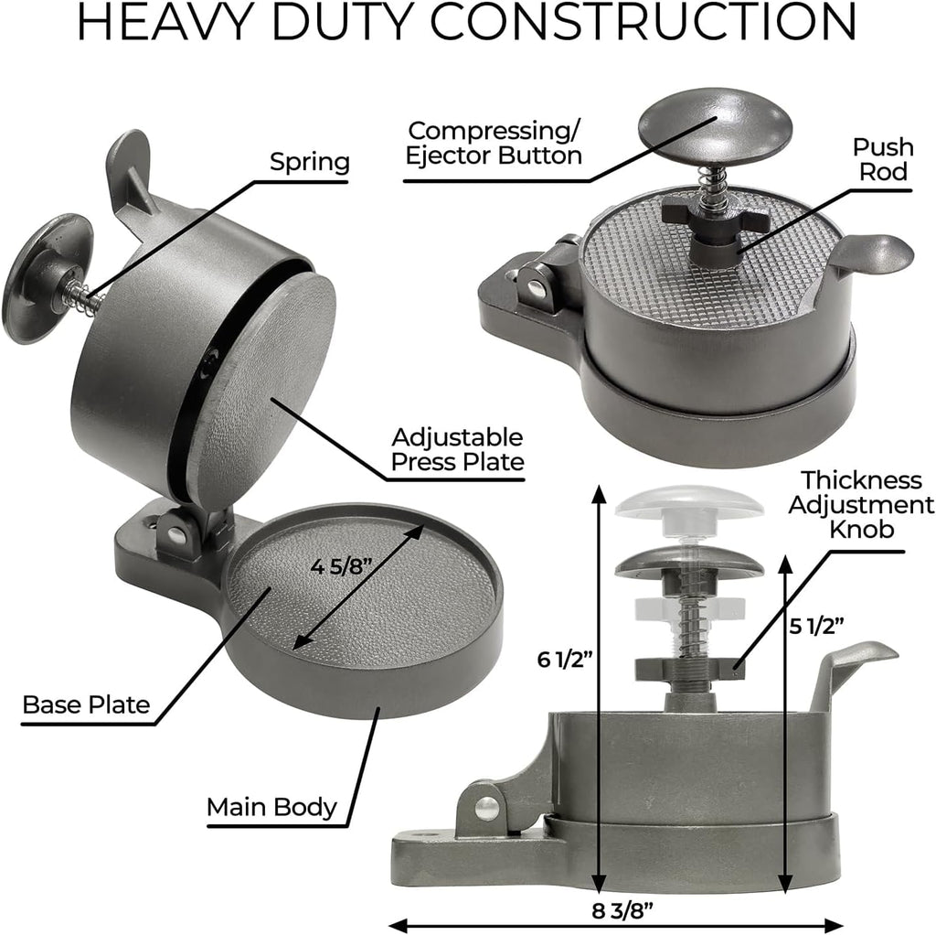 Hamburger Press Patty Maker - Adjustable 1/4lb to 3/4lb Burger Press Patty Maker with Patty Ejector - Adjustable Thickness for Burgers, Crab Cakes, and Sausage - Patty Paper Included