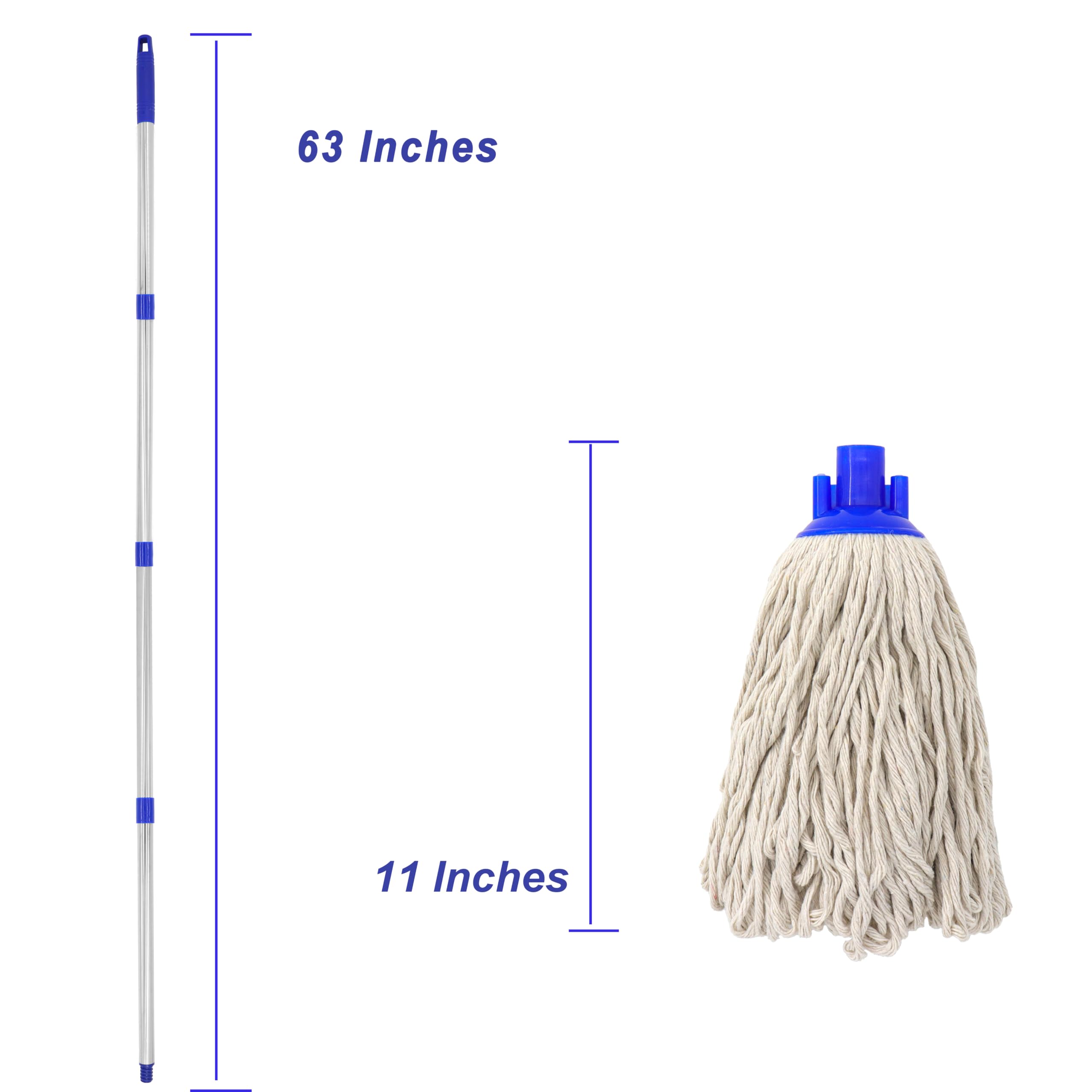 Cotton Cloth Mop, 4 Section Stainless Steel Pole + Two Cotton String Mop Heads White