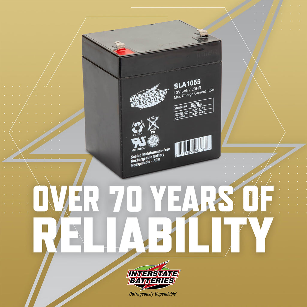 Interstate Batteries 12V 5Ah Battery (SLA1055) - SLA/AGM Replacement Battery for Alarm Systems, Security, Garage Door Openers for Chamberlain, Genie, Liftmaster, Craftsman, Workhorse (F1 Terminals)