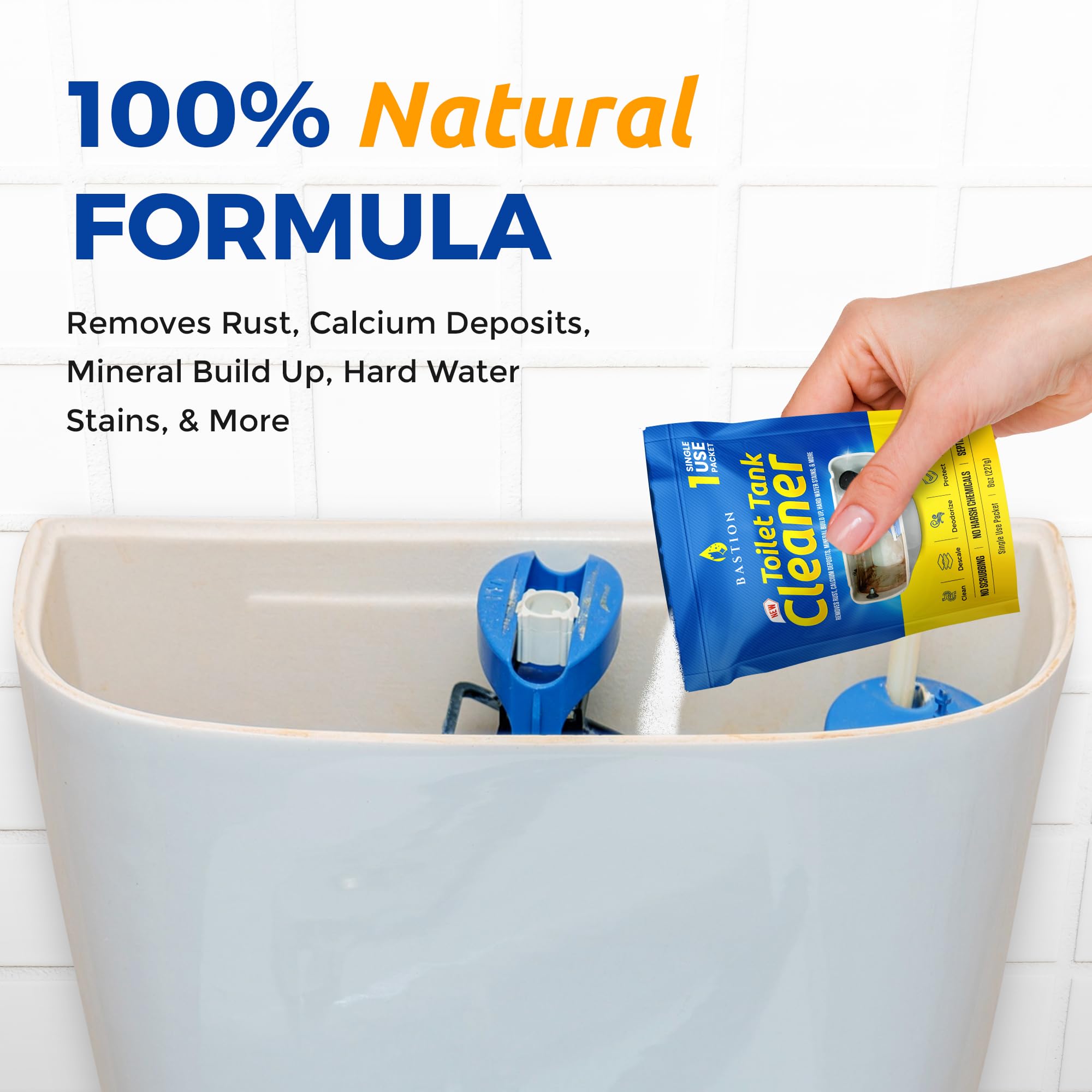 Bastion Toilet Tank Cleaner - 6-Uses. Removes Rust, Minerial Deposits, Hard Water Stains, & Calcium Build Up. Contains 6 X 8oz Single Use Packets