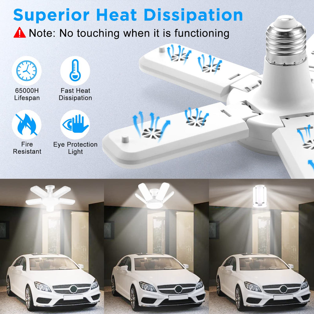 Kofarrten LED Garage Lights, Super Bright 8000 LM Garage Light Bulbs, 6500K Garage Ceiling Lights with Deformable Panels for E26/E27 Base, 80W LED Shop Lights for Garage, Workshop, Warehouse (2 Packs)