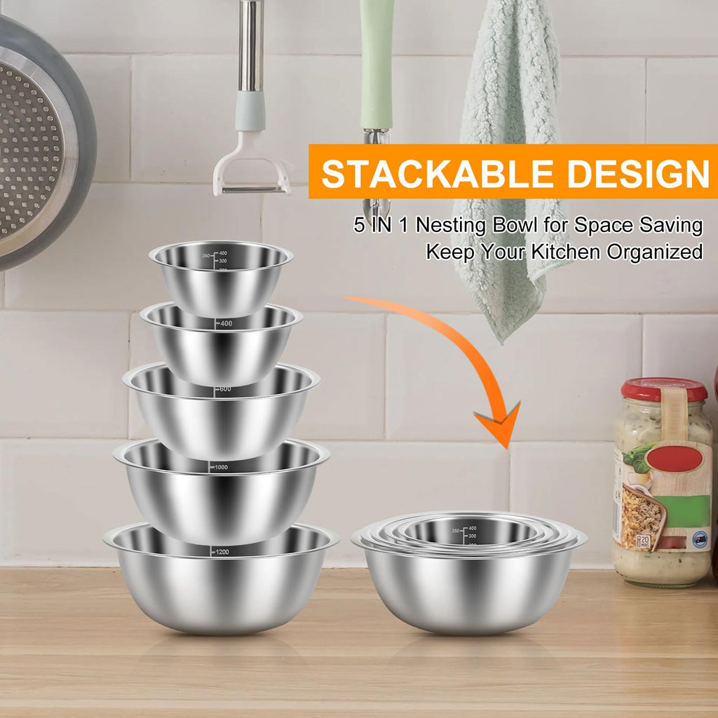 KOUISYY 5PCS Stainless Steel Mixing Bowls Set with Measurement Lines, Kitchen Nesting Bowls for Baking Prepping Cooking Serving Salad Vegetables, Food-Grade Breader Bowl Size 4.5, 3, 2, 1.5, 0.7 QT