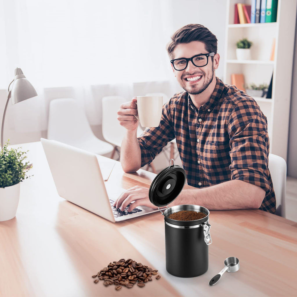 Airtight Coffee Canister, Stainless Steel Coffee Beans and Grounds Storage Container with Date Tracker, Scoop, 6Pcs CO2 Valves, for Beans, Grounds, Tea, Sugar, Black