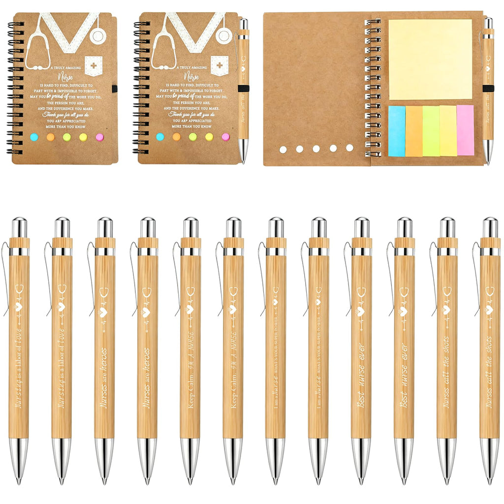 24 PCS Nurse Week Gifts 2026 Inspirational Bamboo Ballpoint Pens Spiral Notebook with Sticky Notes Nurse Appreciation Thank You Gifts for Coworker Staff Social Worker Volunteer Nurses Teacher Office