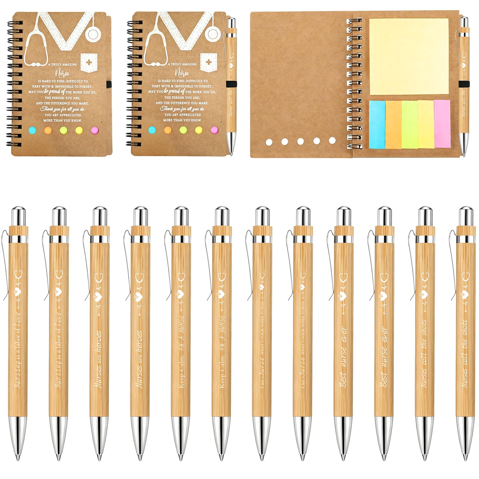 24 PCS Nurse Week Gifts 2026 Inspirational Bamboo Ballpoint Pens Spiral Notebook with Sticky Notes Nurse Appreciation Thank You Gifts for Coworker Staff Social Worker Volunteer Nurses Teacher Office