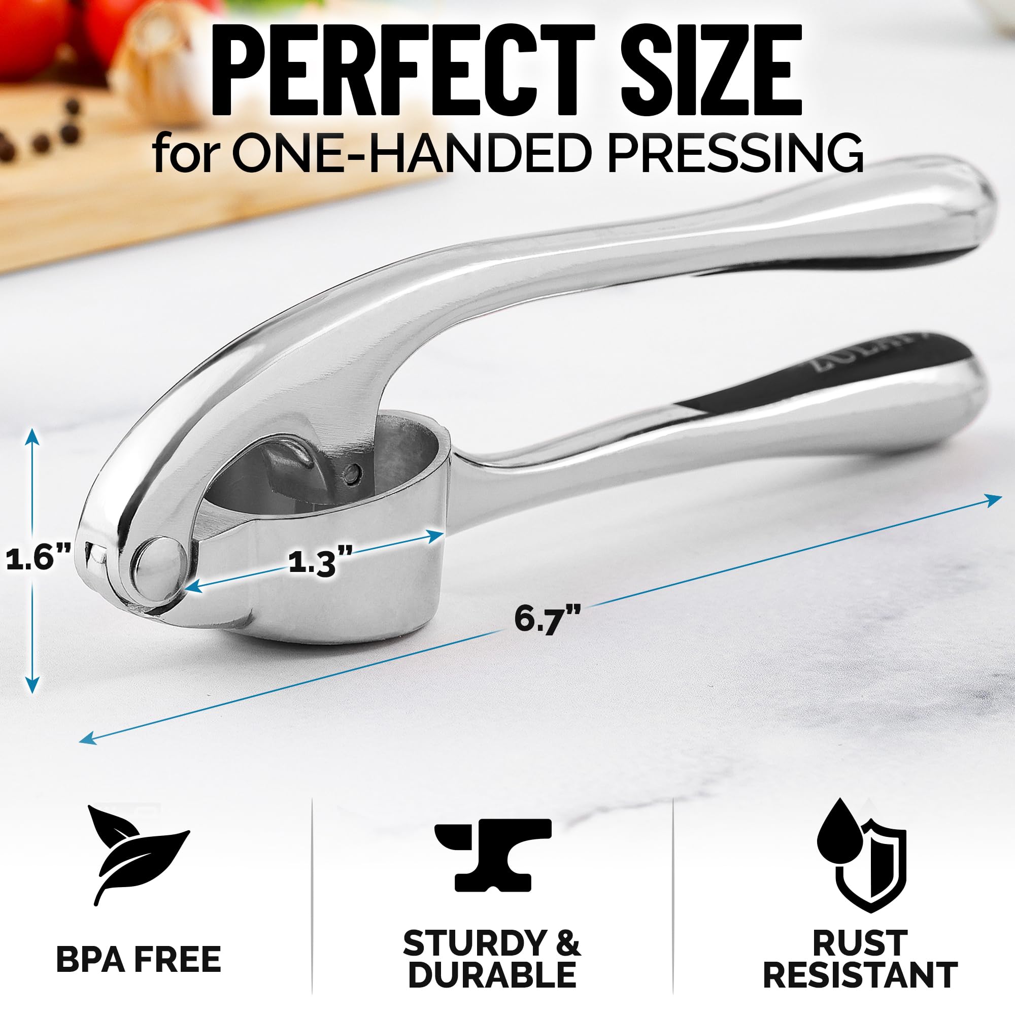 Zulay Kitchen Garlic Press with Soft, Easy to Squeeze Ergonomic Handle - Garlic Mincer Tool with Sturdy Design Extracts More Garlic Paste - Easy to Clean Garlic Crusher and Ginger Press (Chrome)