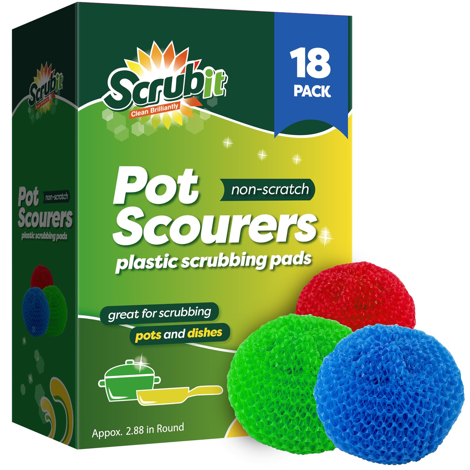 18 Round Nylon Dish Scrubber Scouring Pads By Scrub-It -3 Packs Of 6 Scour Pads - Assorted Colors - Tough and Durable - Non-Scratch for Non-Stick Cookware -