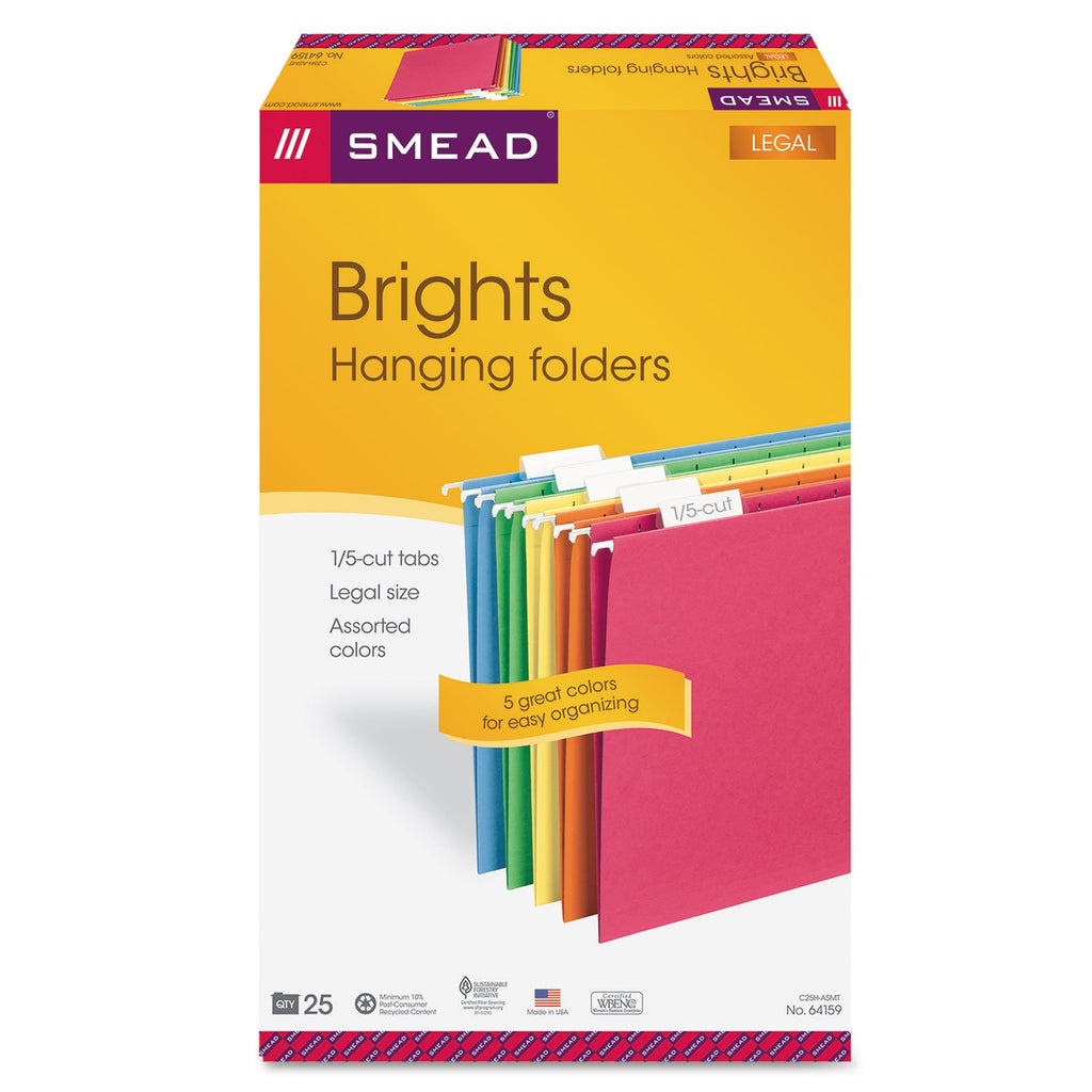 Smead Hanging File Folders, 25-Pack, Legal Size, 1/5-Cut Repositionable Tabs, Assorted Colours, Blue Green Yellow Orange Red, Colour-Coded Filing for Home Office, School and Business