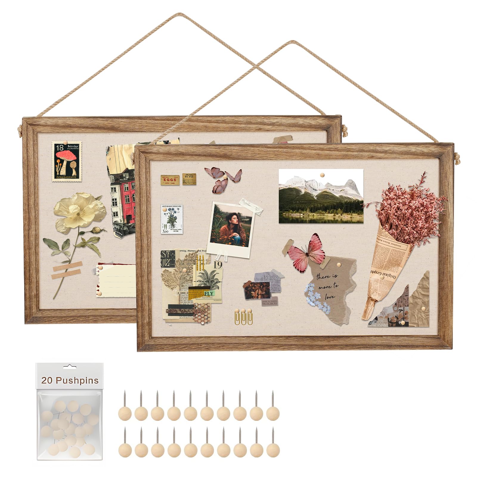 Emfogo 2-Pack Cork Board with Linen 16x11 inch Bulletin Boards Wall Decor Hanging Pin Wood Framed Display Bulletin Cork Picture Board Light for Room School Office Bedroom 20-Pushpin （Torched Wood）