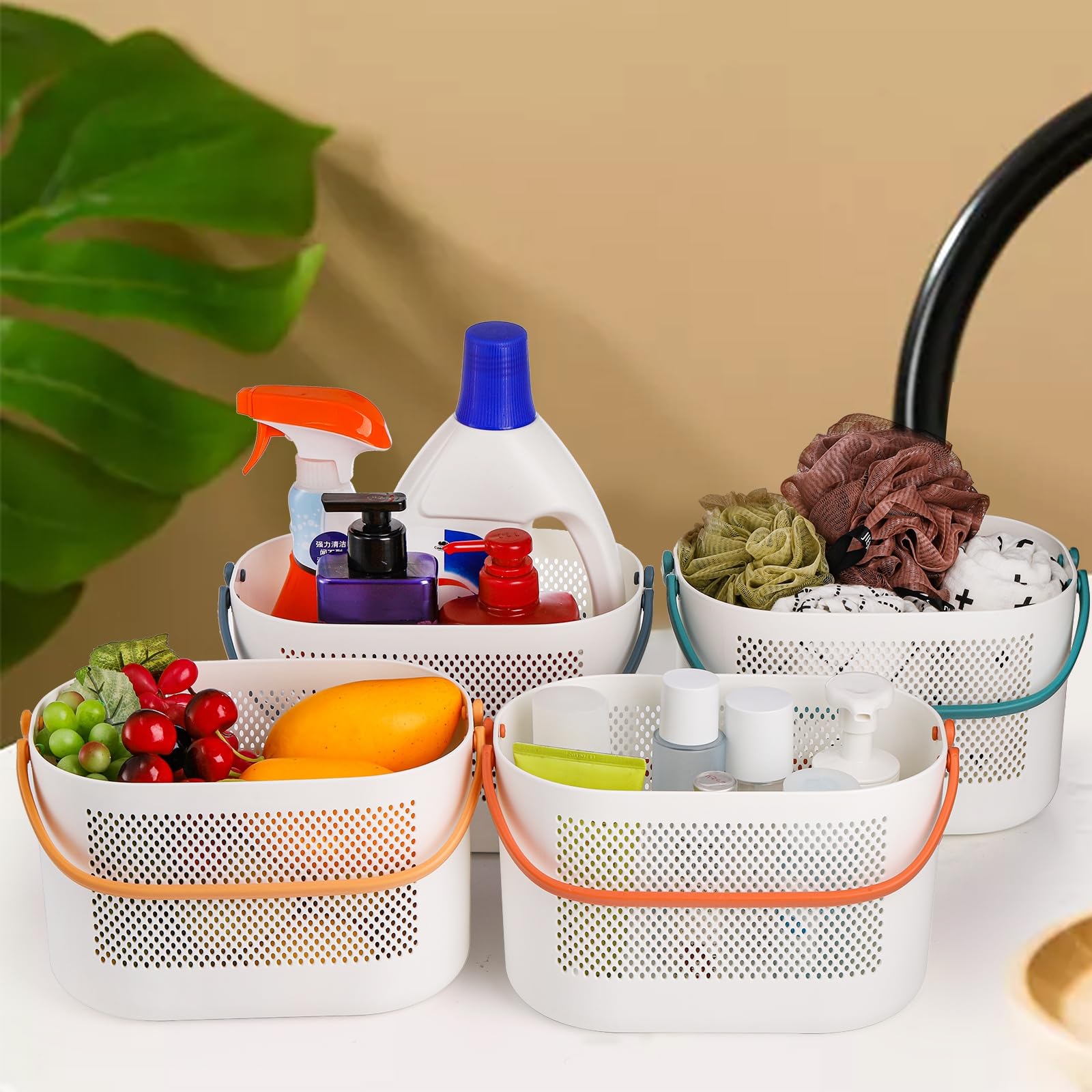 AVLA 4 Pack Portable Shower Caddy Basket, Plastic Storage Baskets with Handles, Drainage Toiletry Organizer Bin, Dorm Shower Tote Bag for Bathroom, Kitchen, Closet, Bedroom, College, Gym, Camp