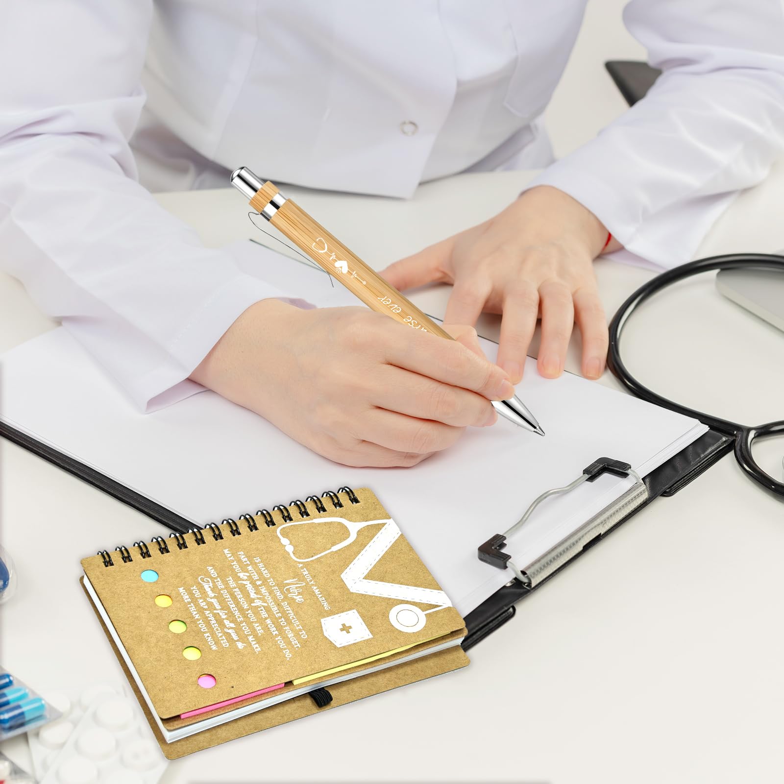 24 PCS Nurse Week Gifts 2026 Inspirational Bamboo Ballpoint Pens Spiral Notebook with Sticky Notes Nurse Appreciation Thank You Gifts for Coworker Staff Social Worker Volunteer Nurses Teacher Office