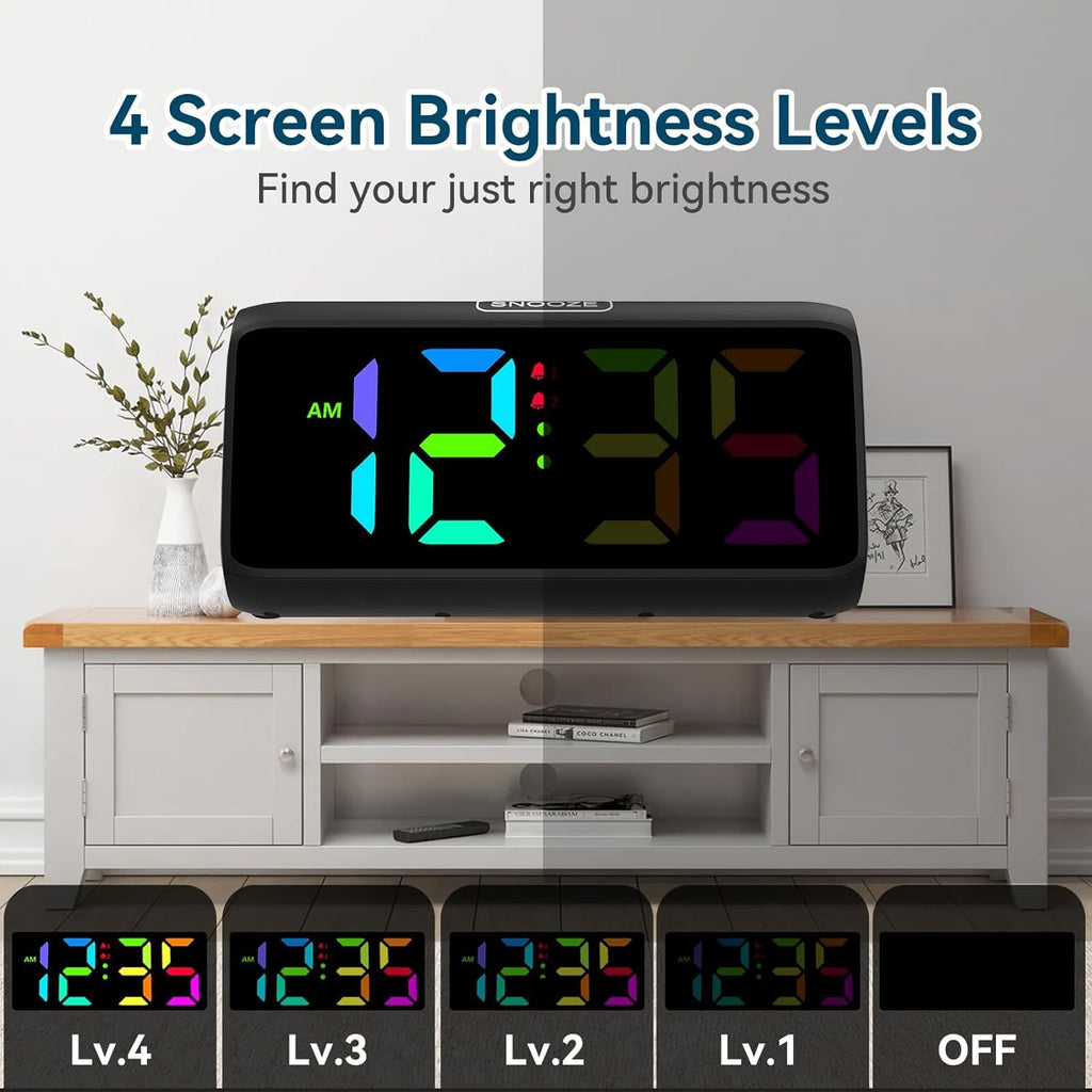 Netzu Digital Alarm Clock, RGB Loud Alarm Clocks for Bedrooms Heavy Sleepers Seniors Kids, Plug in Digital Clock with 5 Dimmers, 2 Alarms, 4 Volumes and Snooze (Black)