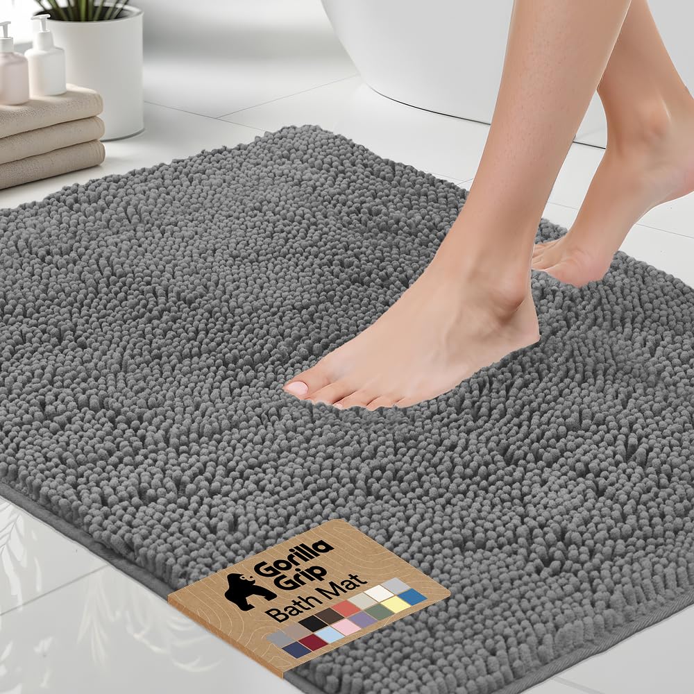 GORILLA GRIP Bath Mat, Thick Soft Absorbent Chenille Floor Mats, Rubber Backing Bathmat, Quick Dry Rug, Machine Washable Rugs for Shower and Tub Floors, Bathroom Accessories Decor, 61x43 cm, Grey