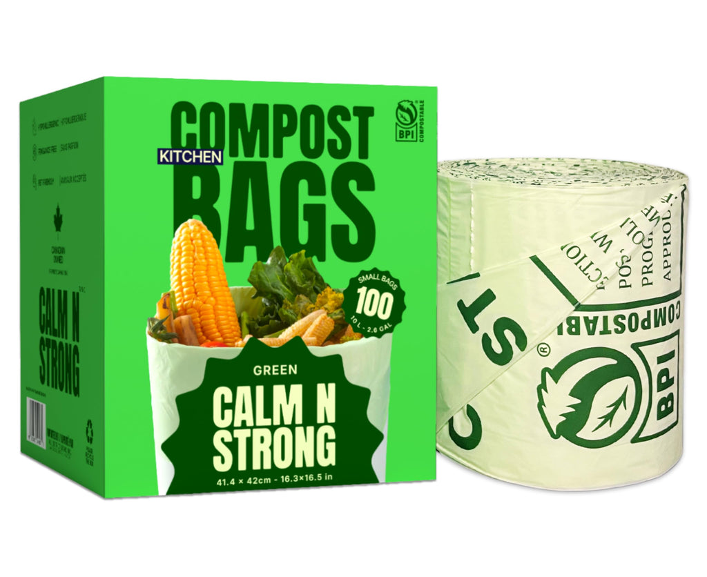 CALM N STRONG Certified Compostable Trash Bags - 100 Count - Small 10 Litre/2.6 Gal Kitchen Food Waste Bags - Unscented