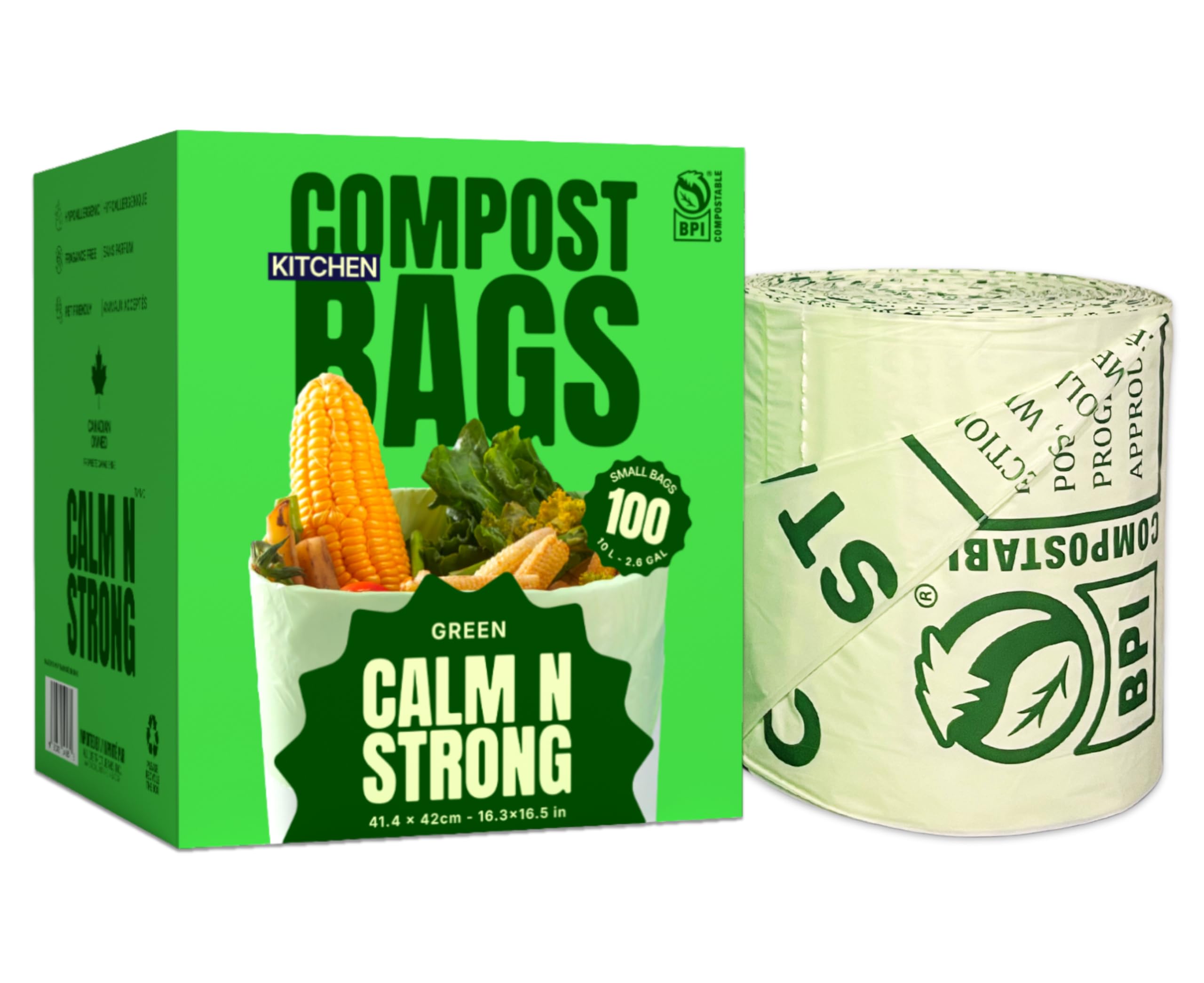CALM N STRONG Certified Compostable Trash Bags - 100 Count - Small 10 Litre/2.6 Gal Kitchen Food Waste Bags - Unscented