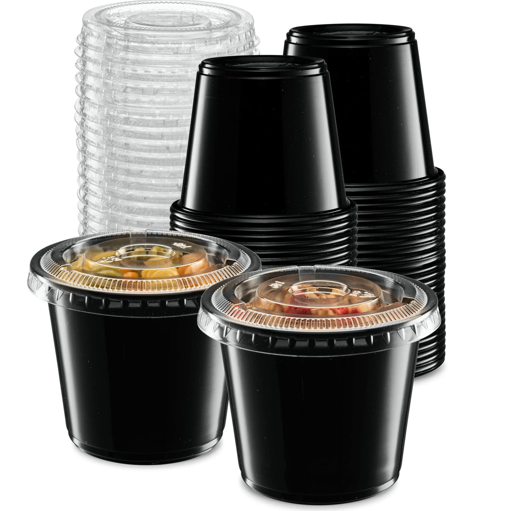 (5 oz - 100 Sets) Black Diposable Plastic Portion Cups With Lids, Small Mini Containers For Portion Controll, Jello Shots, Meal Prep, Sauce Cups, Slime, Condiments, Medicine, Disposable Souffle Cups