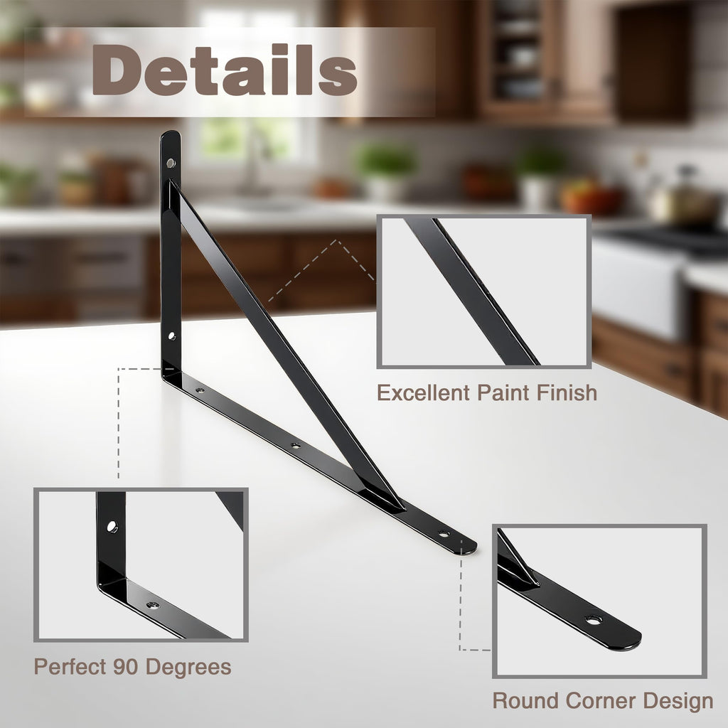 OVOV Heavy Duty Shelf Brackets Triangle Shelving Brackets Right Angle Wall Mounted Shelf Supporters Black 12 Inch Set of 4