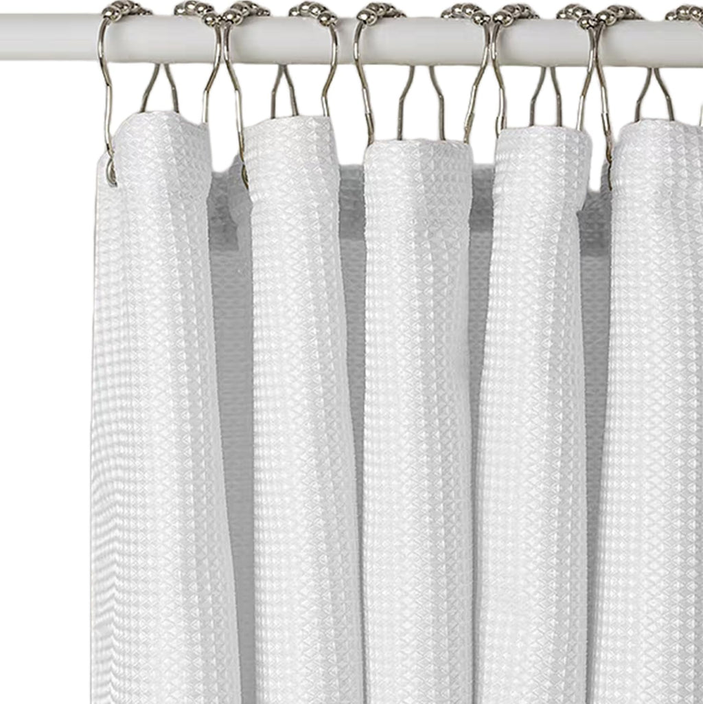 Linerless Waterproof Waffle Weave Fabric Shower Curtain - TPU Laminated Bathroom Curtain with 12 Rustproof Metal Hooks, 100% Water-Resistant & No Liner Needed, Machine Washable, 72x72 inches(White)