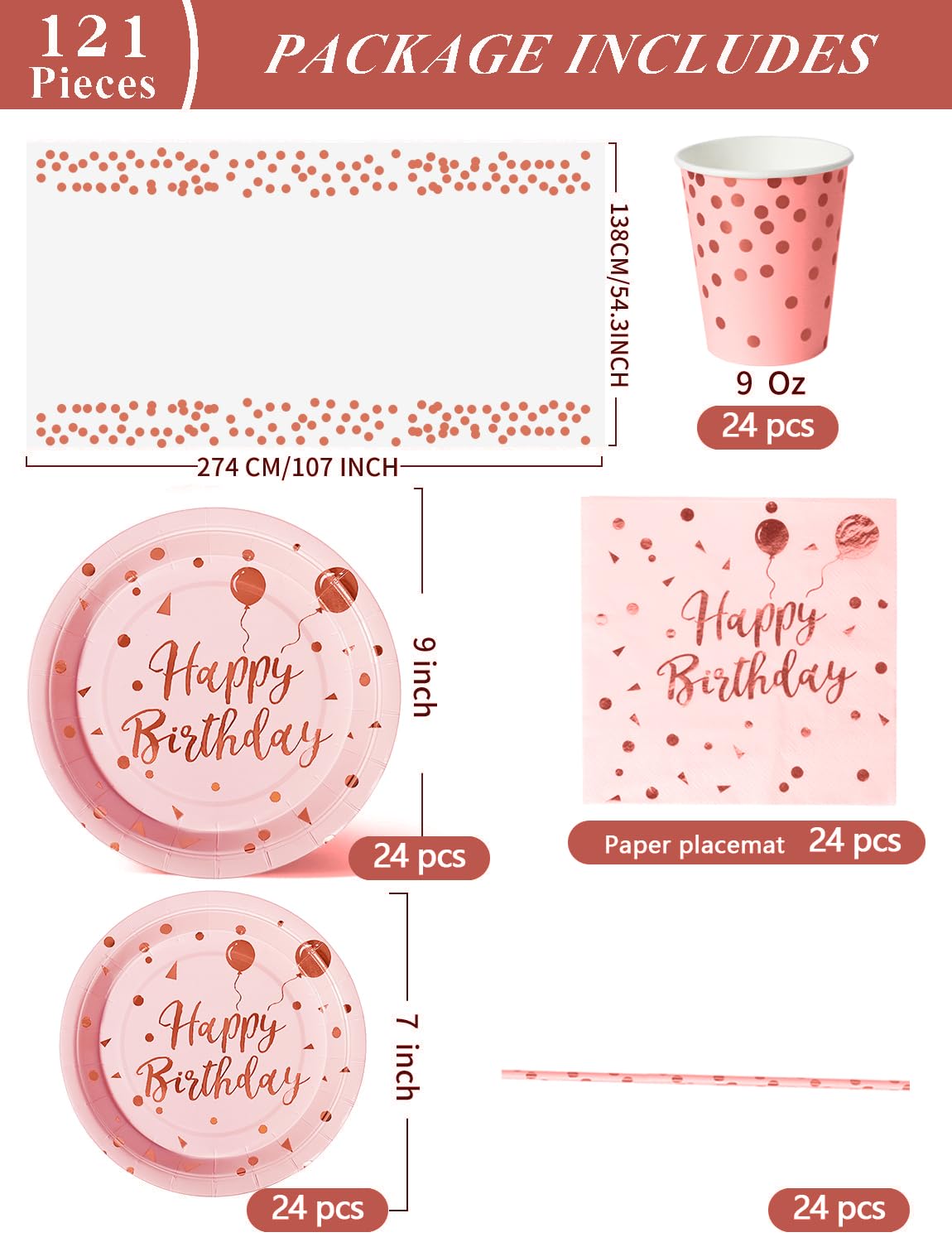Nkaiso Party Tableware 121Pcs Pink and Rosegold Happy Birthday Theme Kids Birthday Decoration Party Accessories Set Includes Paper Plates Napkins Cups, for Party Supplies-24 Guests
