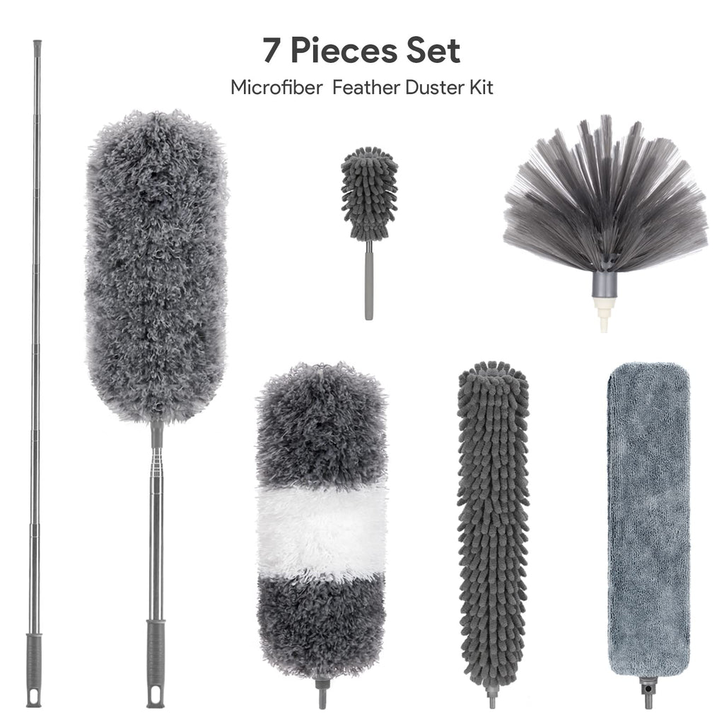 DELUX Microfiber Feather Duster,7 PCS Reusable Bendable Cobweb Duster with 100 inches Extra Long Extension Pole,Washable Dusters for Cleaning Ceiling Fan, High Ceiling, Blinds, Furniture & Cars