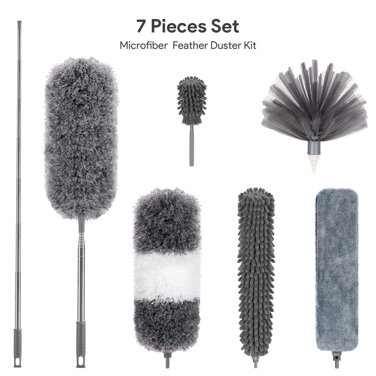 DELUX Microfiber Feather Duster,7 PCS Reusable Bendable Cobweb Duster with 100 inches Extra Long Extension Pole,Washable Dusters for Cleaning Ceiling Fan, High Ceiling, Blinds, Furniture & Cars
