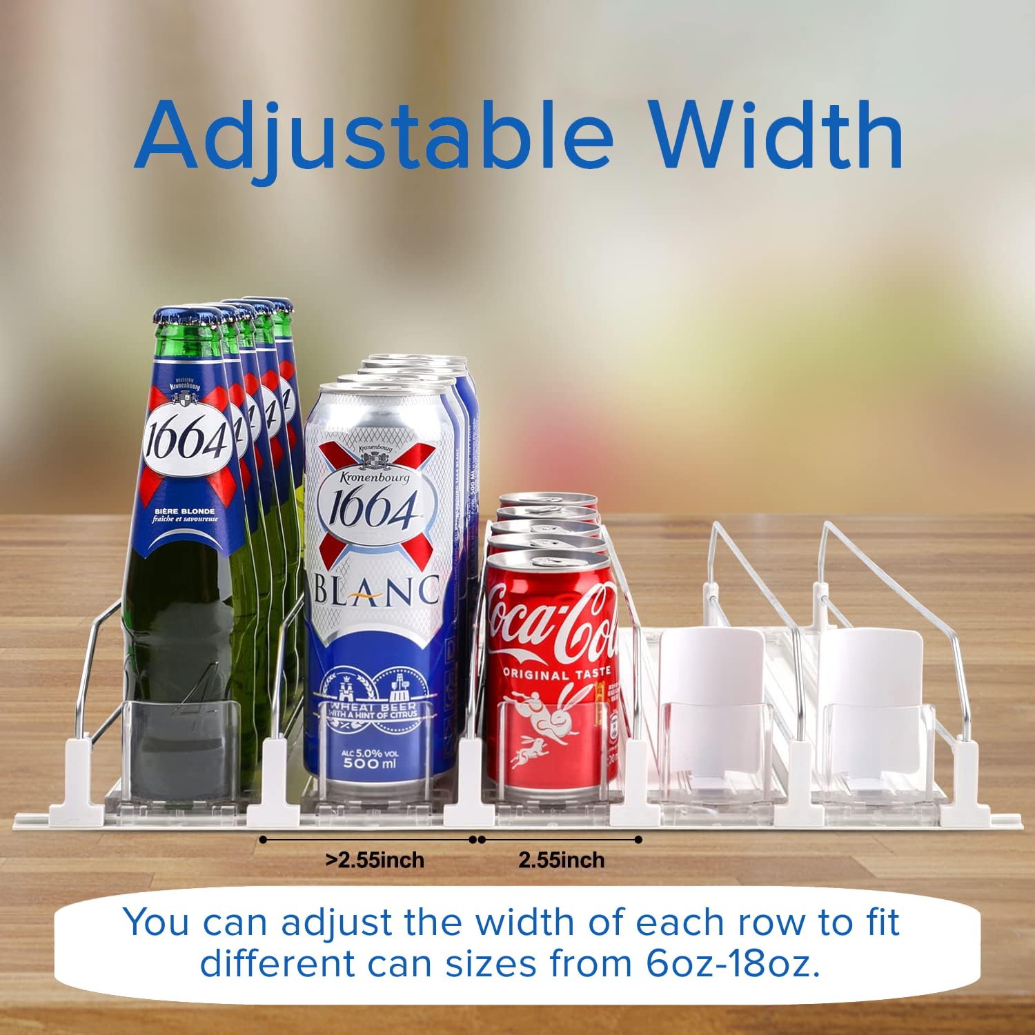 Drink Organizer for Fridge Self-Pushing Can Organizer Width Adjustable, Fits 12oz 16oz 20oz Drinks, Holds up to 15 Cans (3 Rows White)
