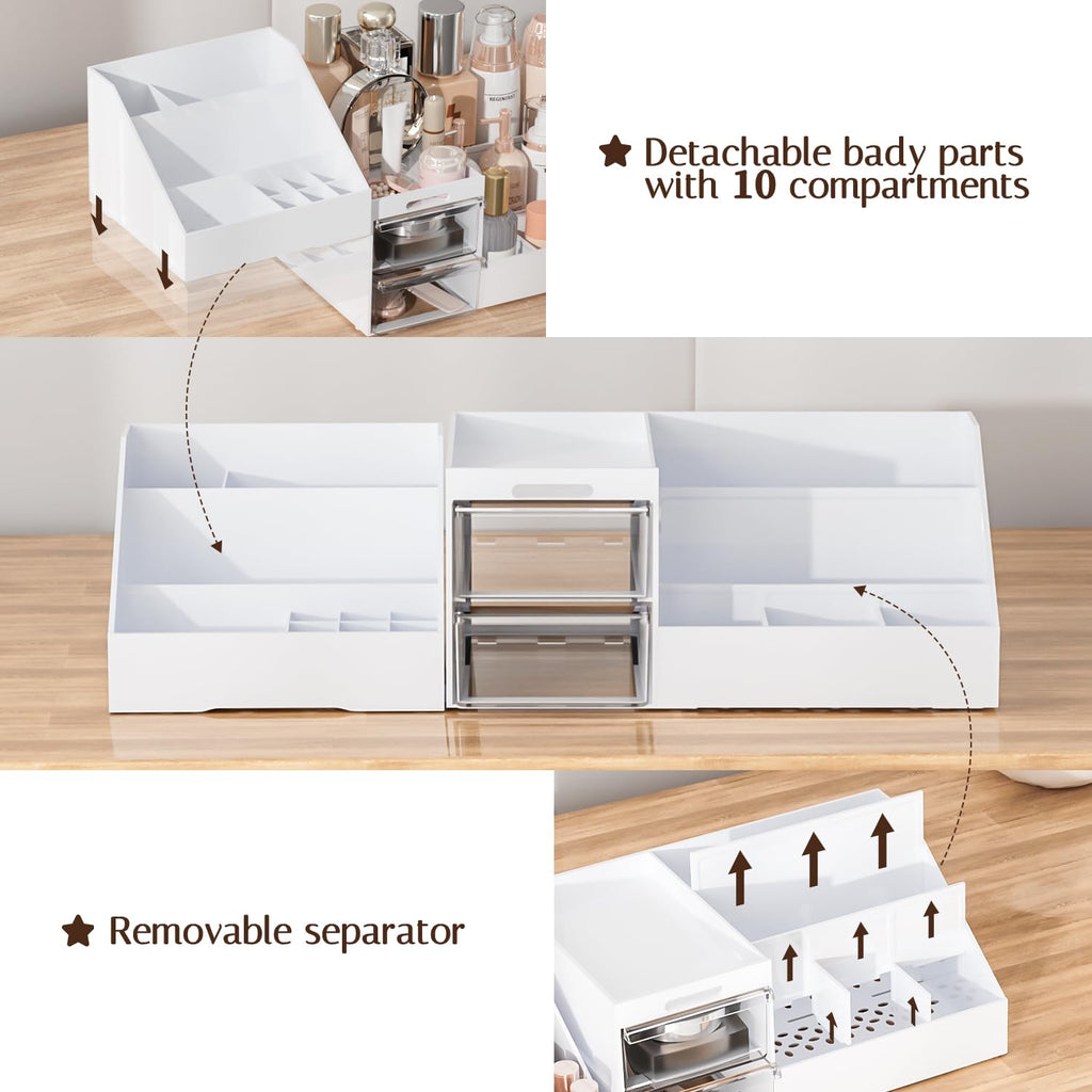 Makeup Organizer, Large Capacity Organizers, Make Up Organizers and Storage with Drawers, Makeup Organizer for Vanity for Makeup Brush, Nail Polish and Beauty Supplies White & Clear