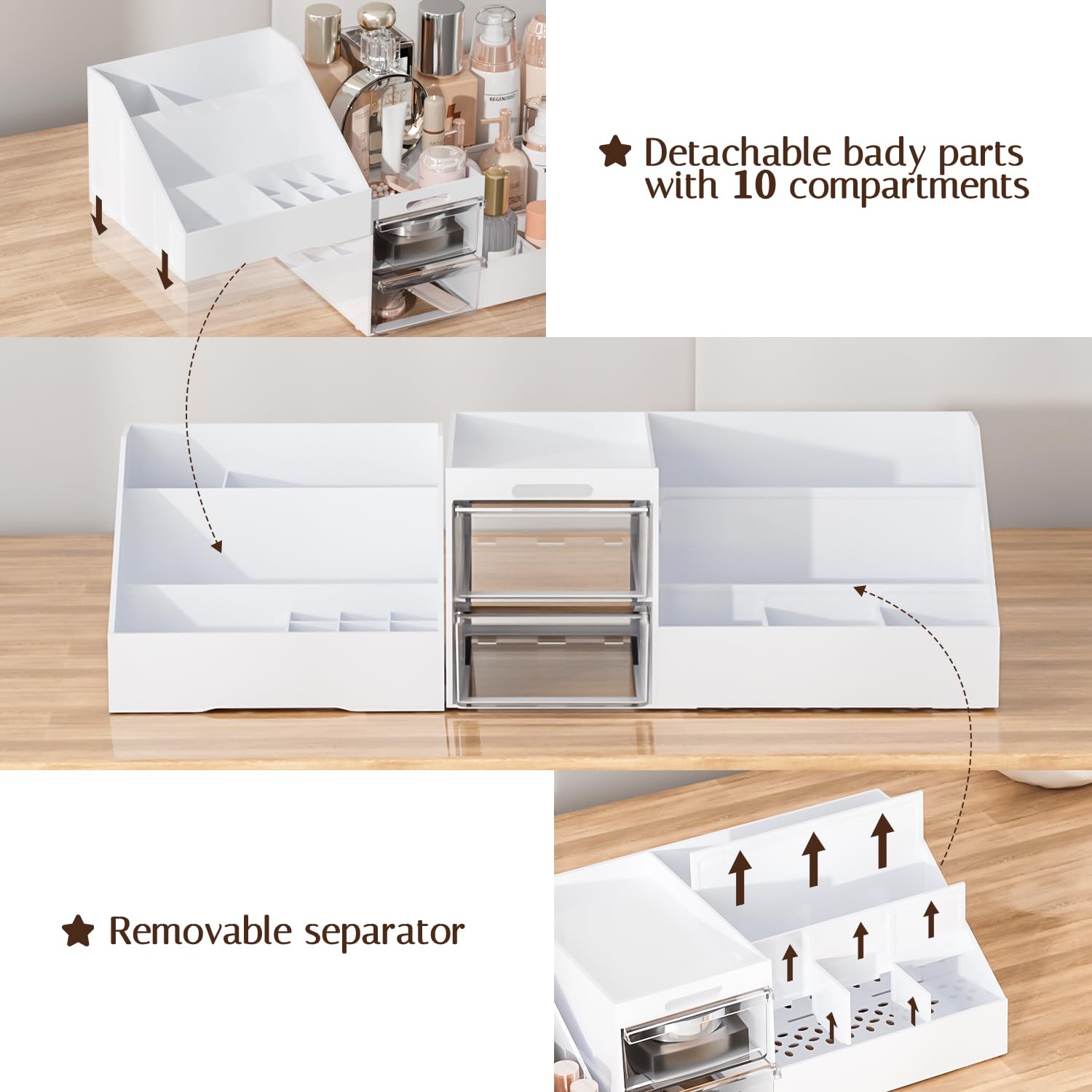 Makeup Organizer, Large Capacity Organizers, Make Up Organizers and Storage with Drawers, Makeup Organizer for Vanity for Makeup Brush, Nail Polish and Beauty Supplies White & Clear