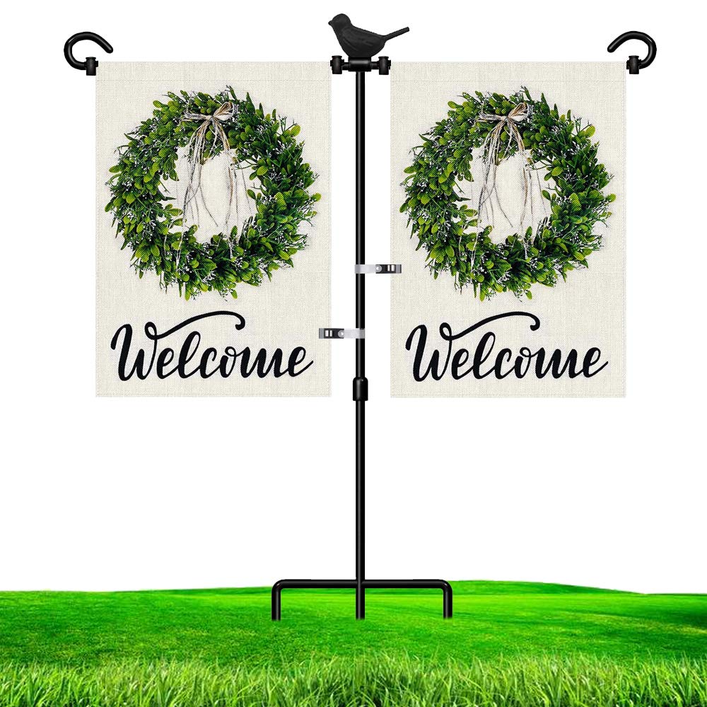 2-Flag Garden Flag Stand with Bird, Small Garden Flagpole Stand with Anti-Wind Clip