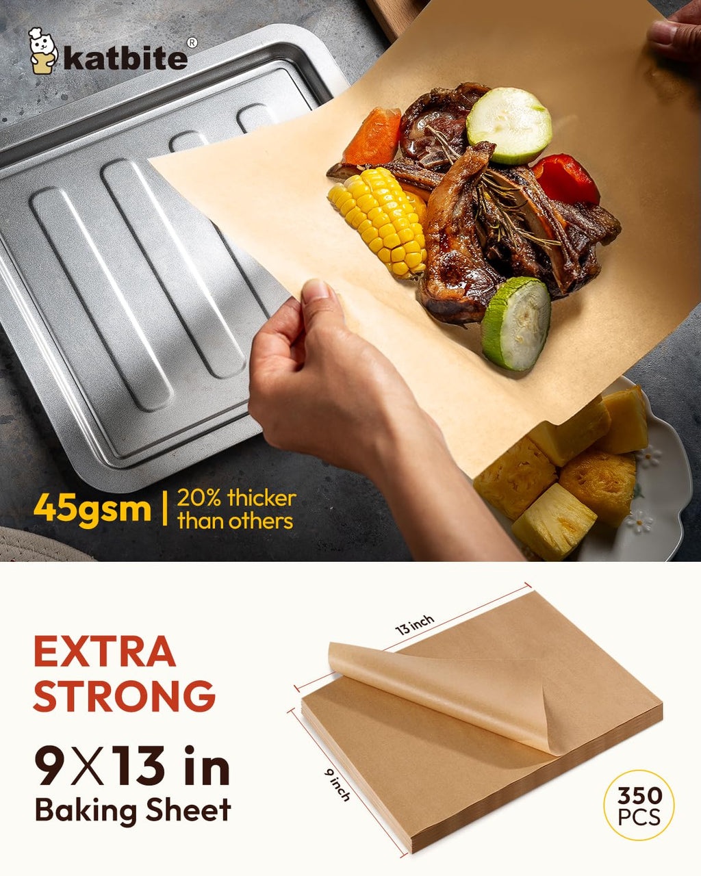 Katbite 350 Sheets 9 x 13 Inch Parchment Paper Unbleached,Extra Strong Baking Paper Non-Stick Oil Resistant for Oven, Air Fryer, Grilling, Steaming and Baking Bread
