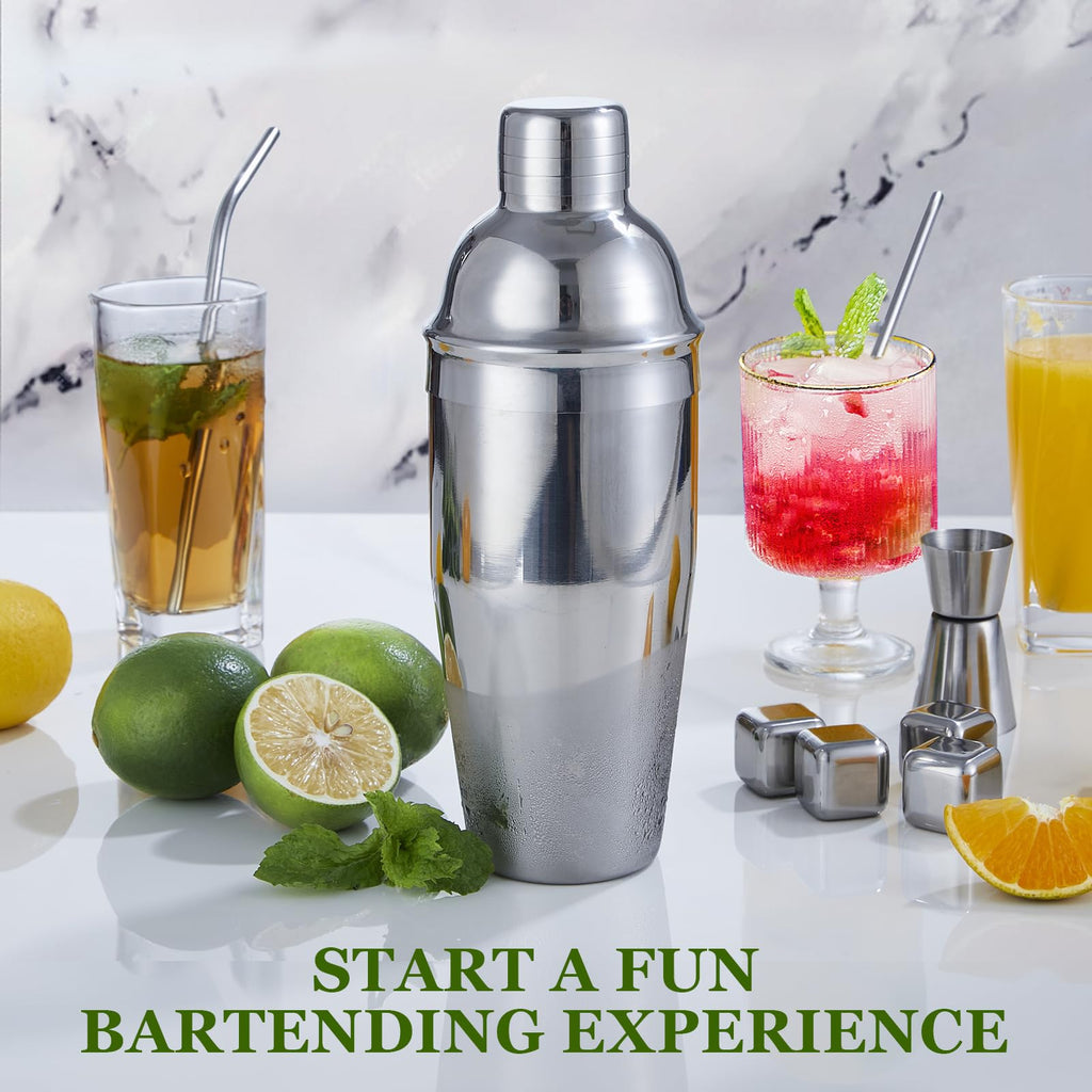 Cocktail Shaker Set, 23-Piece Stainless Steel Bartender Kit with Acrylic Stand & Cocktail Recipes Booklet, Professional Bar Tools for Drink Mixing, Home, Bar, Party (Sliver, 25oz)