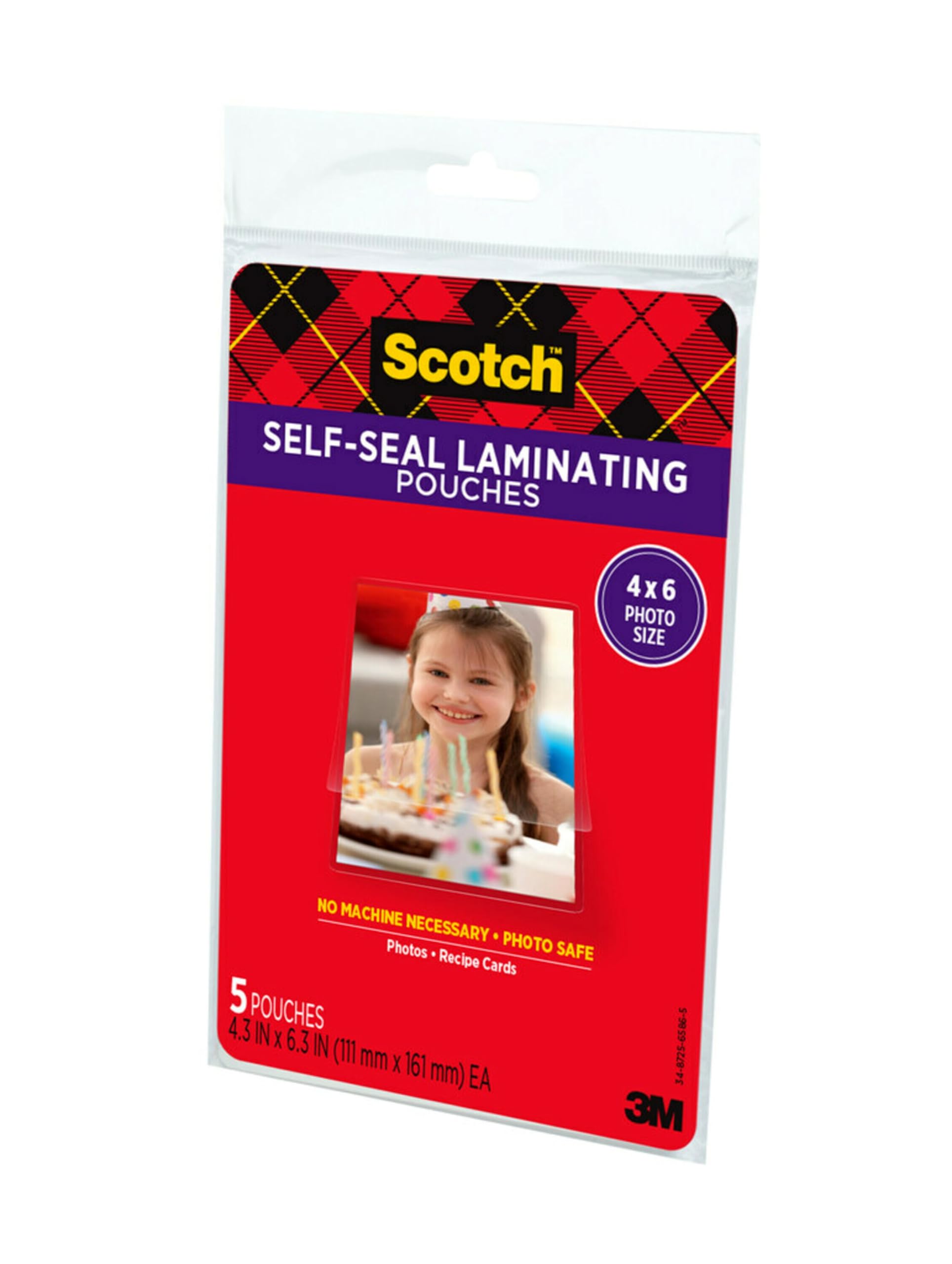Scotch Self-Sealing Laminating Pouches, Glossy Finish, 4 3/8 x 6 3/8 Inches, 5 Pouches per pack, 3-PACK