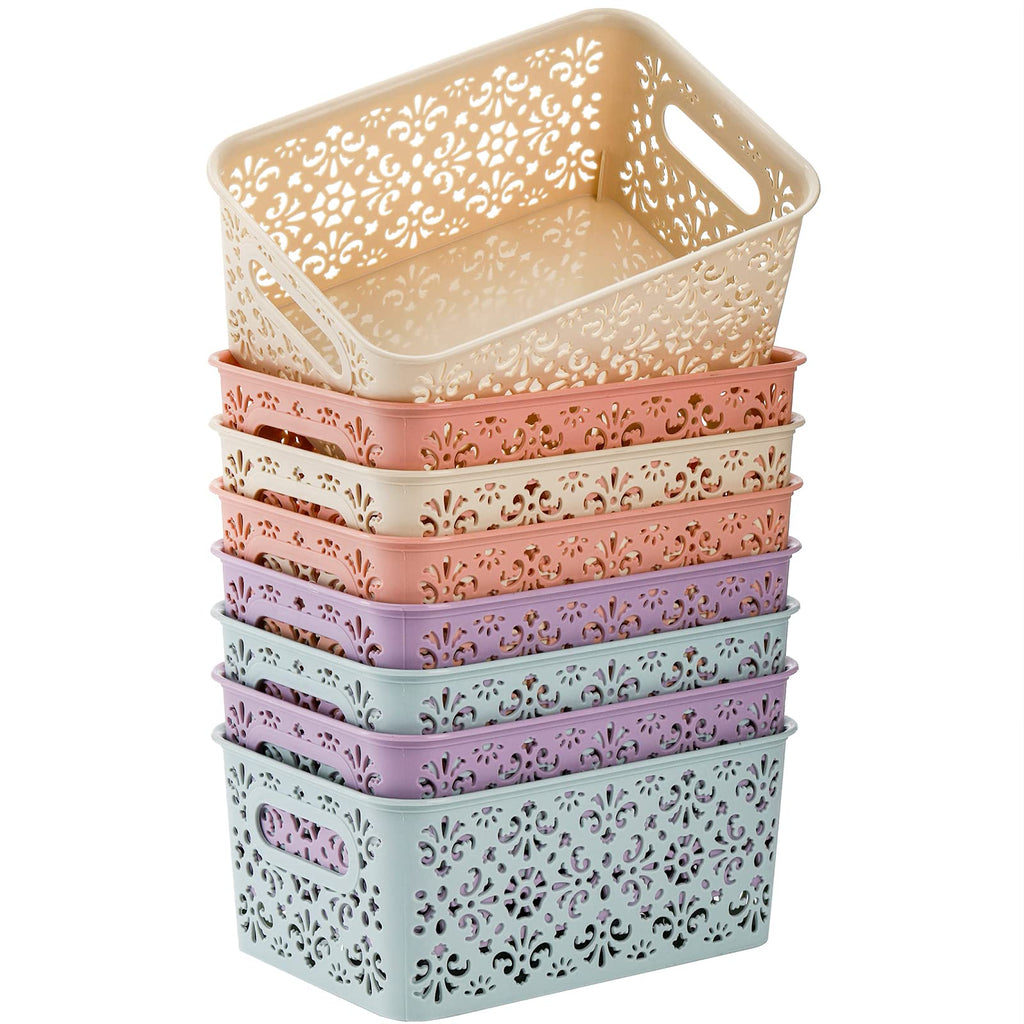 Frcctre 8 Pack Plastic Storage Baskets, Portable Small Pantry Organizer BasketS Bins with Handle, Stackable Household Organizers Nursery Basket for Home, Kitchen Cabinet Countertop Bedroom Bathroom