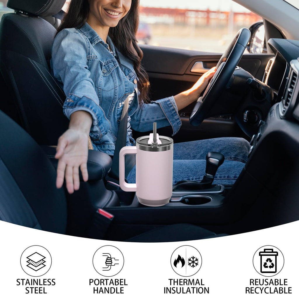 WATERSY 40 oz Tumbler with Handle,Tumbler with Lid and Straw,Double Wall Insulated Cup Stainless Steel Travel Mug(Cold for 34 Hours),Water Bottle for Iced Tea,Coffee,Cold Beverages(Rose Quartz)