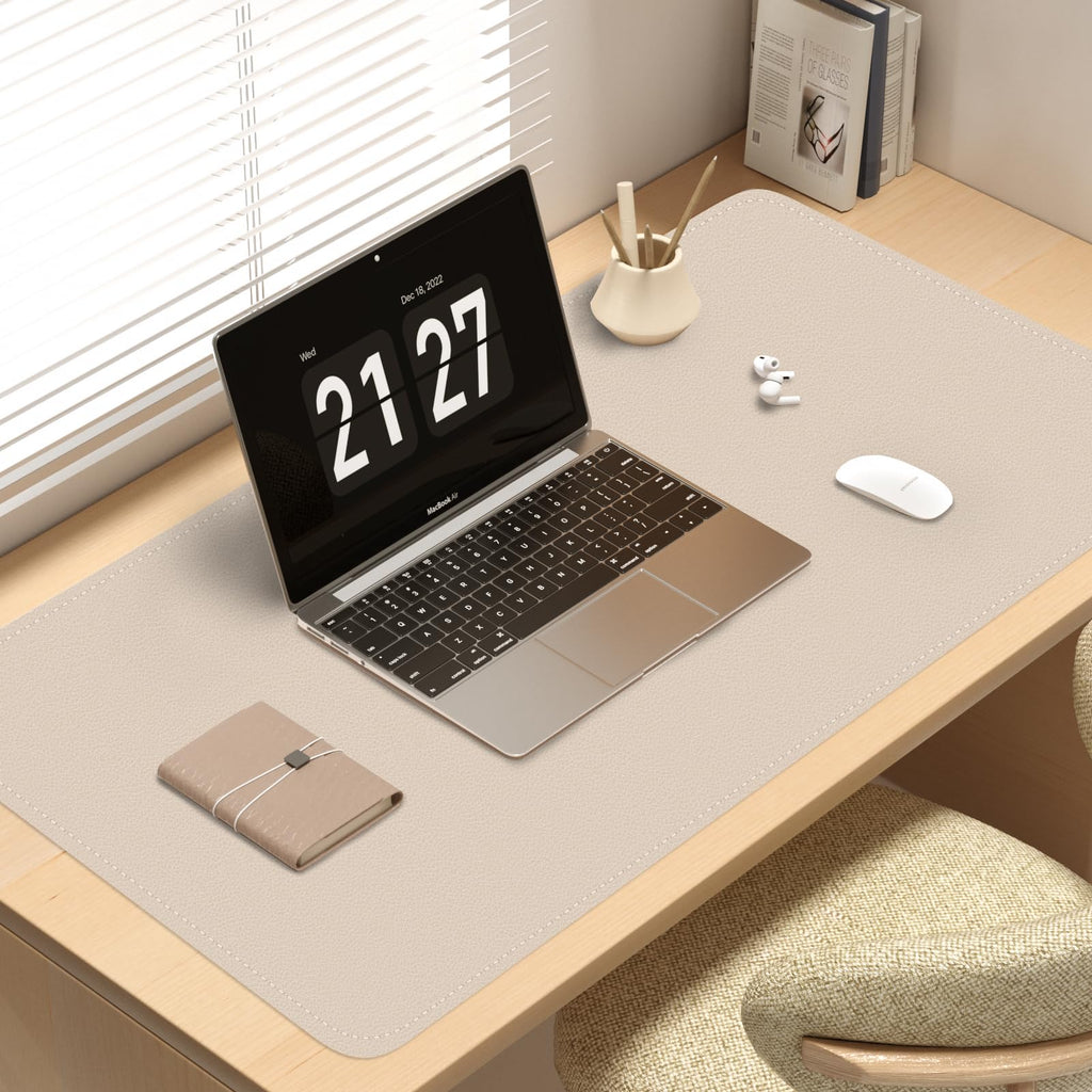 Double-Sided Office Desk Mat, Large Mouse Pad, Waterproof PU Leather Protective Pad, Laptop Desk Pad, Dual Use Cover Protector for Office/Home Keyboard (Beige+Orange, 31.5''×15.8'')