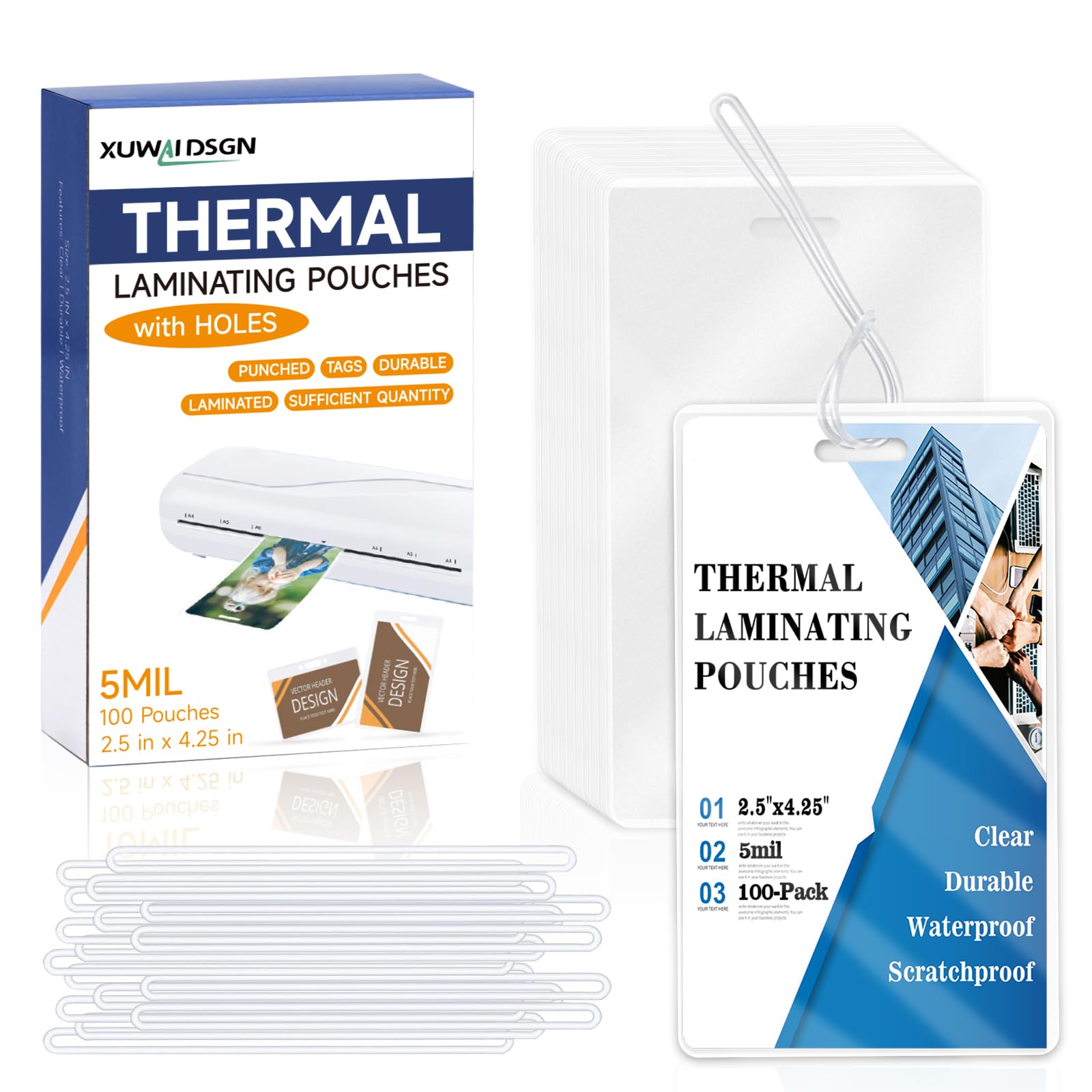 100 Pack 5 Mil Laminating Pouch with Clear Loop 2 1/2" x 4 1/4" Luggage Tag Laminating Pouches with Slot Hole Thermal Laminate Pouch Tags Kit Resealable for Work Permits Pass Cards Student ID Cards