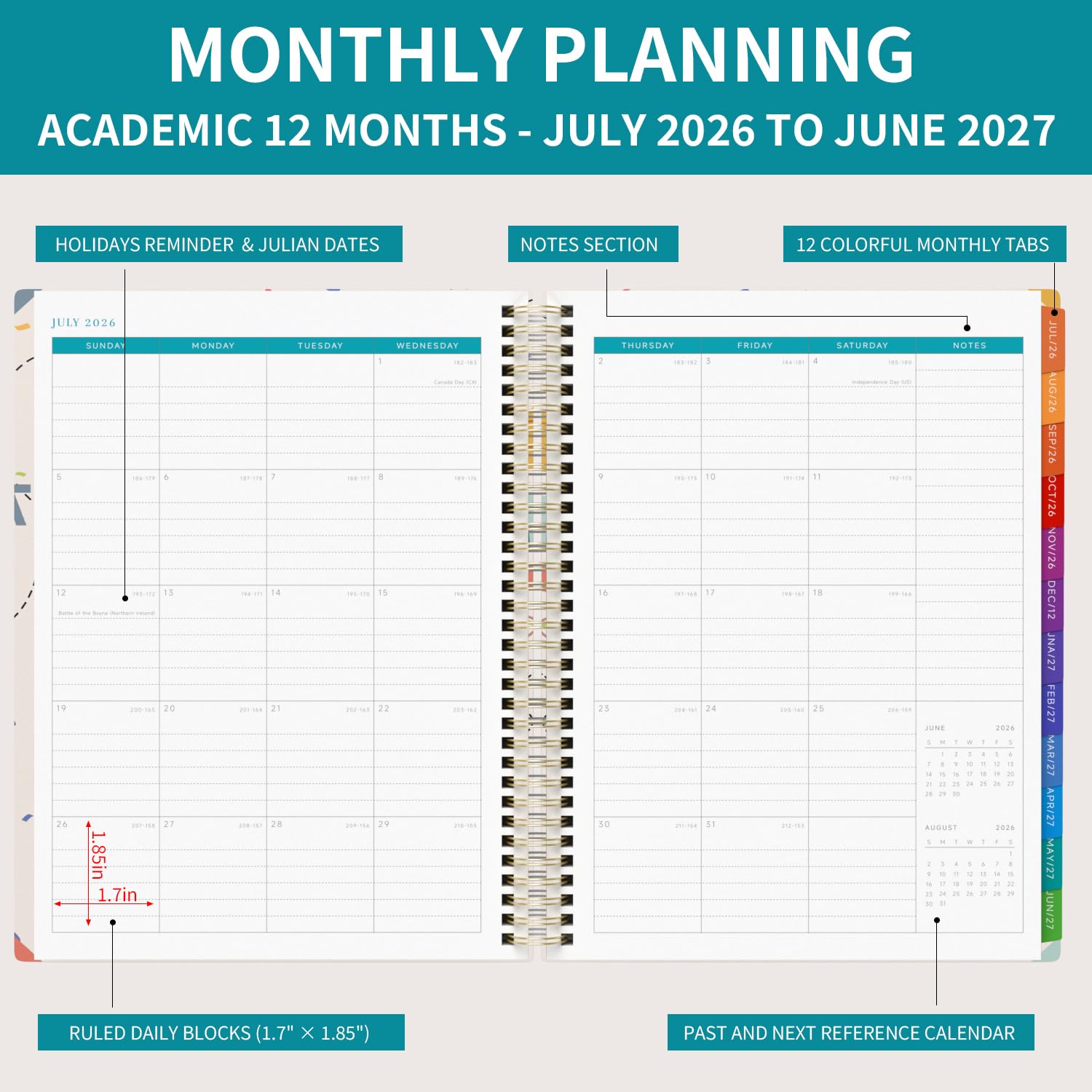 Teacher Planner 2026-2027 Academic Lesson Planner,July 2026 to June 2027, 8.5" x 11" Lesson Plan Book, Weekly and Monthly Academic Planner with Colourful Monthly Tabs