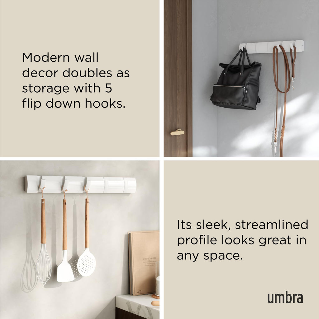 Umbra Flip Wall-Mounted Coat Rack with 5 Hooks – Modern, Space-Saving Storage for Hats, Jackets, Bags, Entryway, Mudroom, Closet, Bathroom, Bedroom – White/White