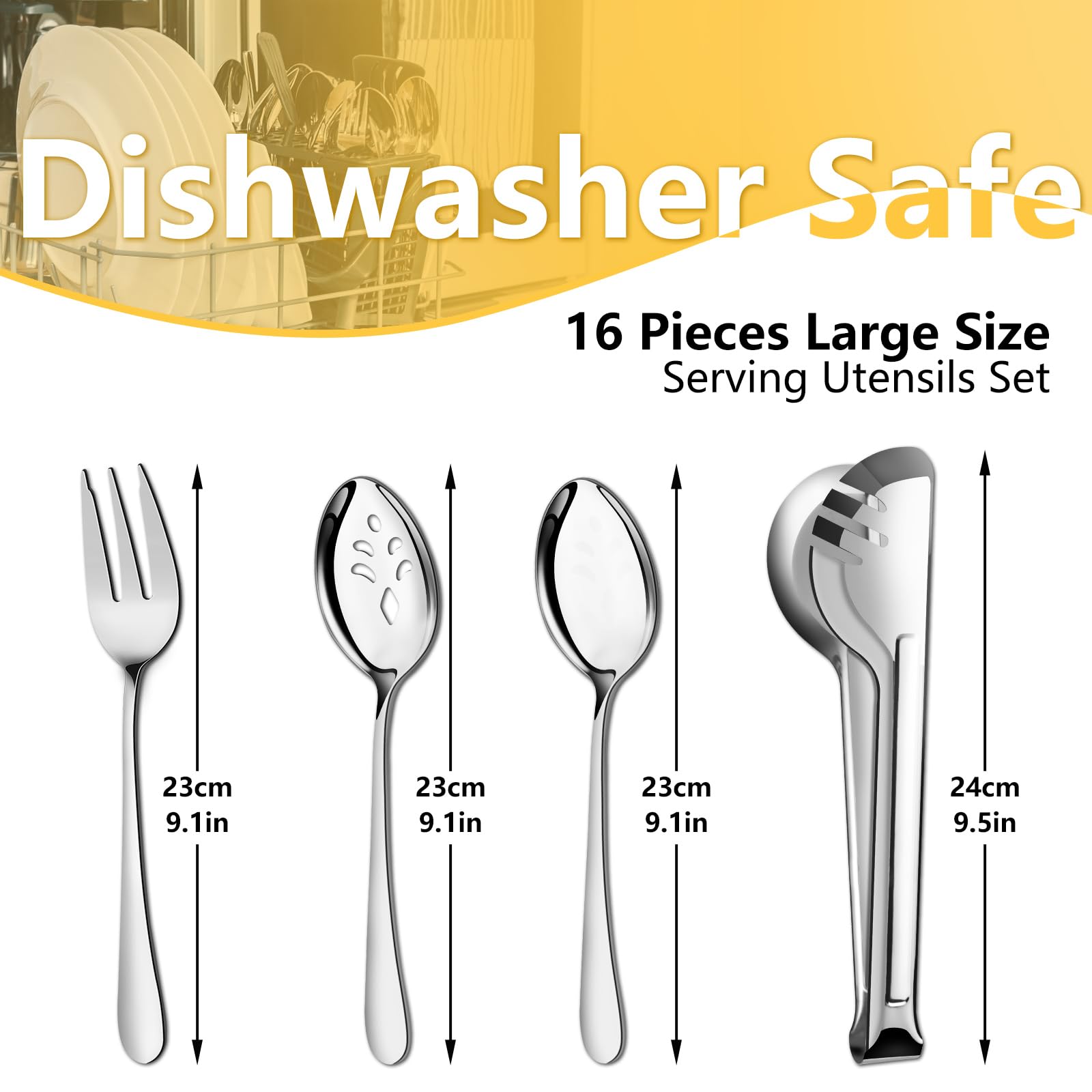 Pleafind 16 PCS Stainless Steel Serving Utensils Set With Spoons, Slotted Spoons, Forks and Tongs for Parties, Buffet, Banquet
