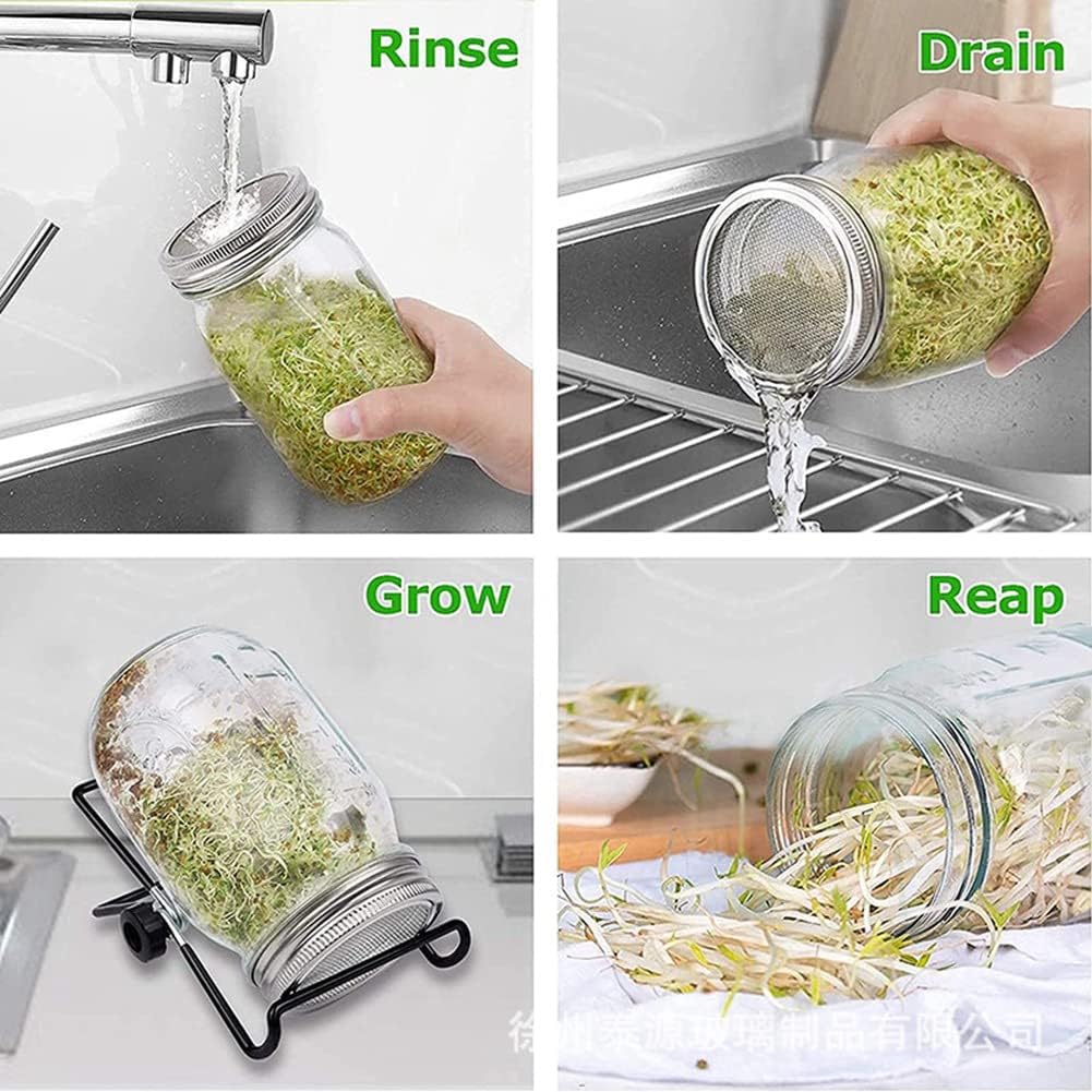 CAVLA 4 Pcs Sprouting Jar Lids with 4 Pcs Sprouting Brackets, Stainless Steel Mason Jar Lids Bean Sprout Making Tool, Germination Filter Lid Sprouting Stands Kit for Seeds Beans Cultivation