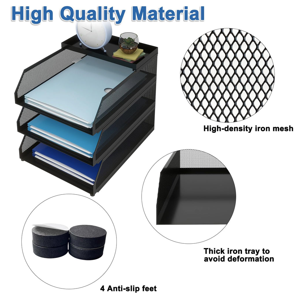 Natwind 3-Tier Stackable Paper Tray, Metal Mesh Desktop Organizer, Paper Sorter, Letter Trays,File Document Storage Rack for for Home, Office, School (Black)