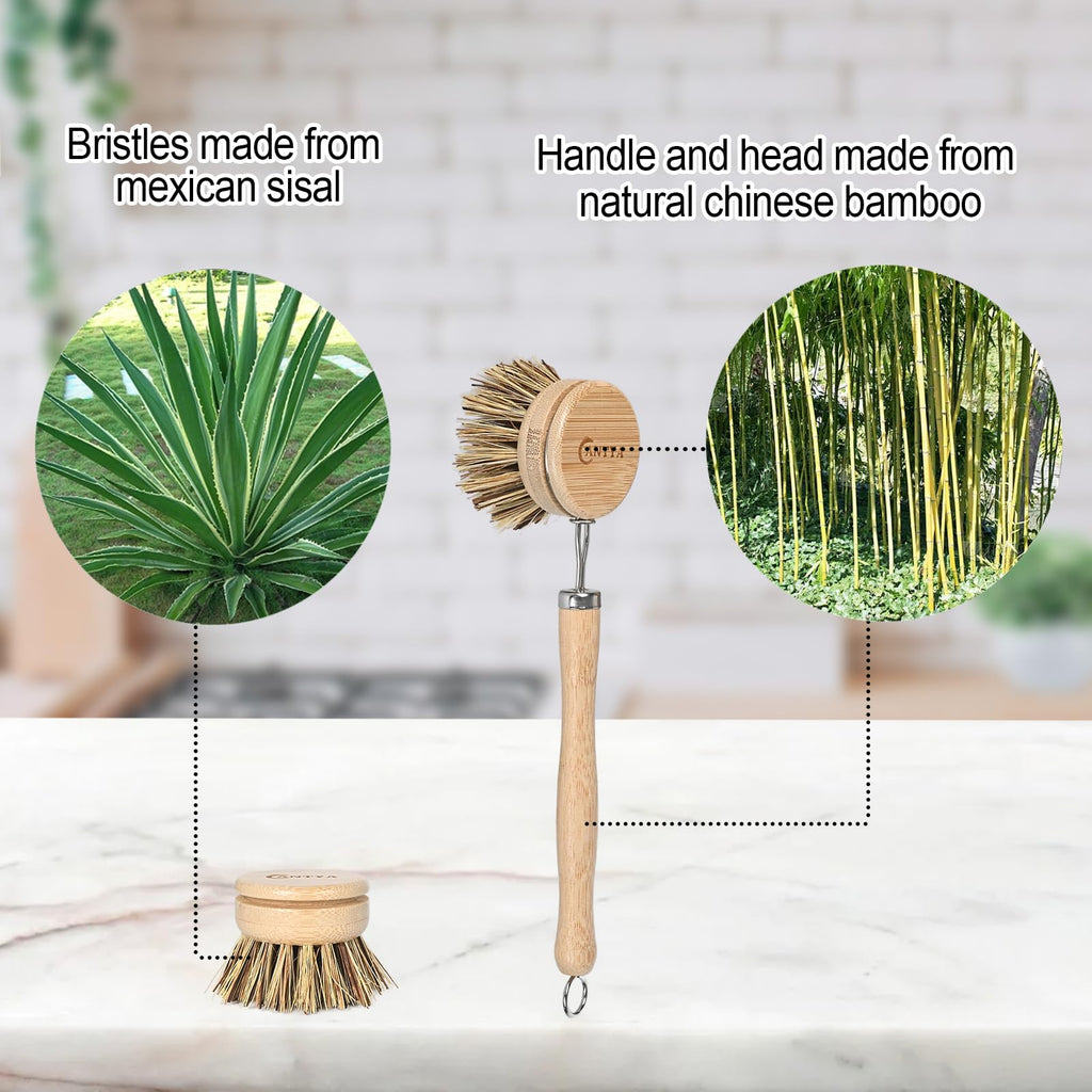 Bamboo Dish Scrubber - Hard Bristle, Natural Dish Brush with Handle, Sustainable & Biodegradable, Kitchen Scrub Brush for Dishes, Iron POTS, Baking Trays, Barbecue Grills