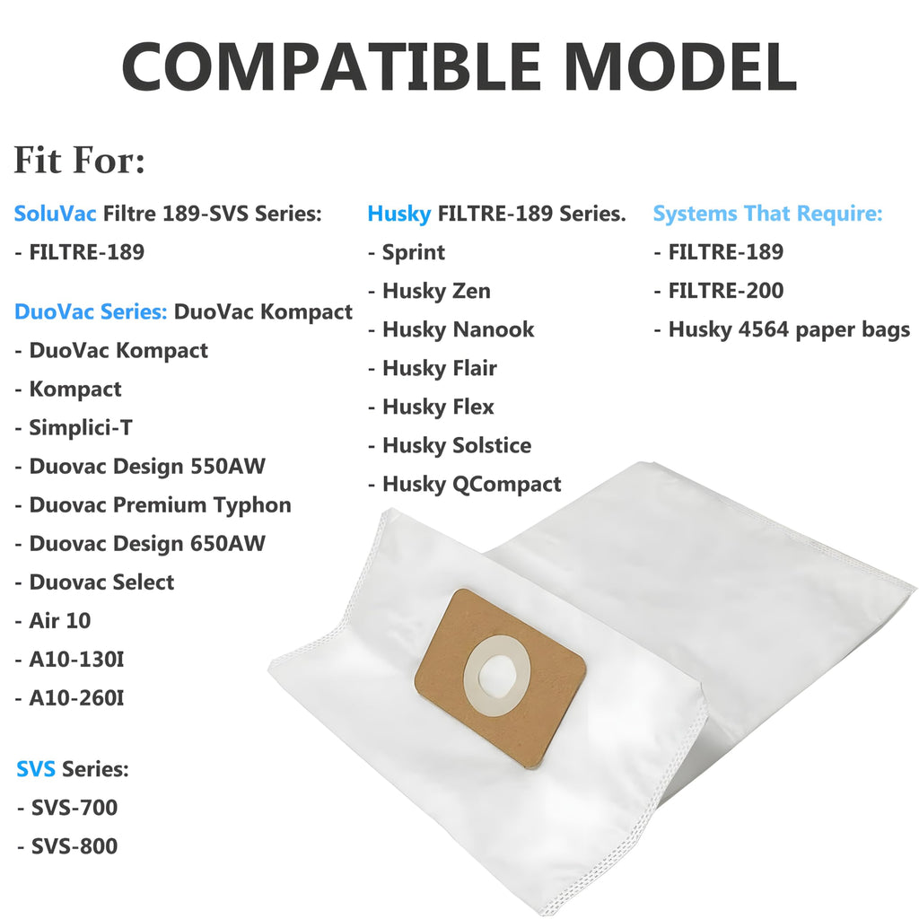8 Pack Premium Central Vacuum Bags Compatible with Nuera Filtre 189, Husky Filtre 189, DuoVac Filtre 189, SoluVac Filtre-189 SVS, and Other CV Systems for Efficient Cleaning Solutions