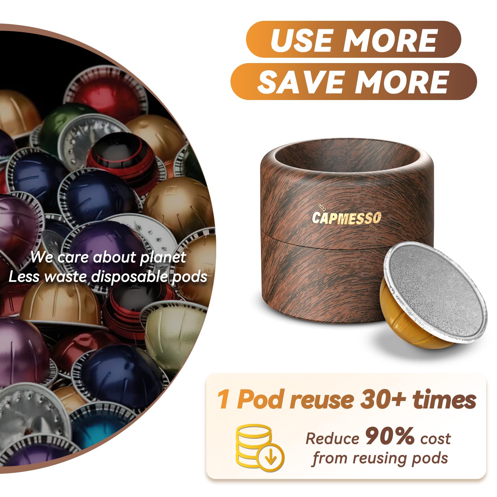 Reusable Vertuo Pod Refill Kit for Nespresso: Reusable Vertuo Capsule for Nespresso/Coffee Pods Vertuoline with 100 Aluminum Foil Lids for Any Size of Vertuo Plus Espresso Pod- Wood Grain Holder